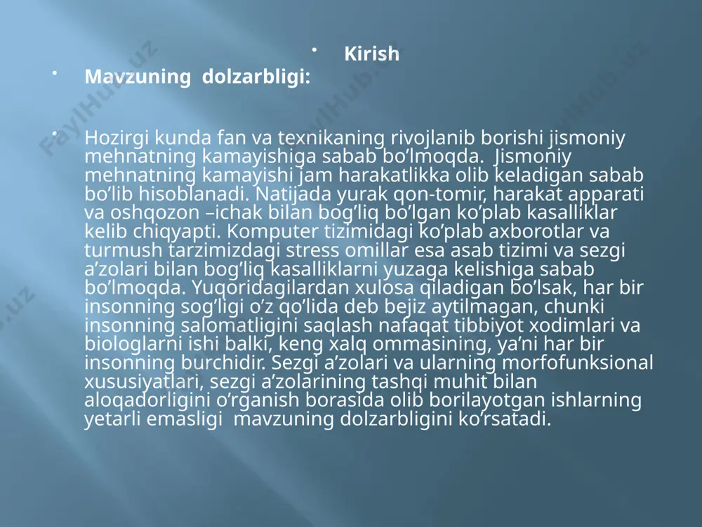 onining teng emasligi . analizator unsurlarining vertikal va gorizontal bo’yicha farqlanishi analizatorlar faoliyatining umumiy tamoyillari analizatorlar signallarni qayta ishlash jarayonida ko’p operatsiyalarni bajaradi. bu operatsiyalardaн asosiylari: 1). signallarni topish (aniqlash); 2) signallarni birini- biridan ajratish, 3) signallarni o’tkazish va o’zgartirish; 4) 1 ma`lumotlarni kodga solish; 5) signallarning u yoki bu xossalariii detektorlash; 6) obrazni tanish. sensor adaptatsiya - bu sensor tizimning umumiy xossasi bo’lib, uzoq vaqt mobaynida berilgan ta'sirotlarga moslashishi tushuniladi. adaptatsiya-sensor tizimni absolyut sezuvchanligining kamayishi va differensial sezuvchanligining ortishi bilan namoyon bo'ladi. sub'ektiv olib qaralganda, doimiy berilayotgan ta'sirotga moslashishi yotadi (masalan, odatiy kiyimlarni teriga berayotgan doimiy bosimini sezmaymiz). sensor tizimlarning o'zaro aloqasi. sensor tizimlaring o'zaro aloqasi spinal, retikulyar, talamik va po'stloq darajasida yuzaga chiqadi. ayniqsa signallar integratsiyasi retikulyar formatsiyada ro'y beradi. bosh- miya po'stlog'ida oliy tartibli signallar integratsiyasi amalga oshiriladi po'stloq neyronlarini ko'plab nospesifik va sensor tizimlar bilan bo'lgan aloqasi har xil kombinatsiyalangan signallarga javob bera olish imkonini tug'diradi. …