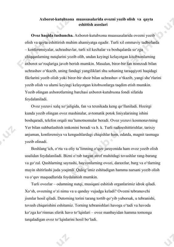 keladi? ovozni tebranuvchi jismlar hosil qiladi. dutorning torini tarang tortib qo‘yib yuborsak, u tebranishi, tovush chiqarishini eshitamiz. torning tebranishlari havoga o‘tadi va havoda ko‘zga ko‘rinmas sferik havo to‘lqinlari – ovoz manbayidan hamma tomonga tarqaladigan ovoz to‘lqinlarini hosil bo‘ladi. odamning qulog‘i ovoz tebranishlarini tutadi, ularni sezadi, tovush asabi orqali asab uyg‘onishlari impulslarini miyaga o‘tkazadi va odam ovozni eshitadi. demak, ovoz – odam qulog‘i qabul qiladigan havo zarralarining tebranishi, ovoz manbayi esa teb ranuvchi jism ekan. tovush to‘lqinlari faqat havodagina emas, suvda ham qattiq, jismlarda ham va boshqa muhitda ham tarqalishi mumkin. ovoz to‘lqinlarining tarqalish tezligi ular harakatlanadigan muhitning xossalariga bog‘liq. ovoz manbalari kuchi turlicha bo‘lgan ovozlarni tarqatadi. tebranuvchi tor dastlabki eng chekka o‘ng vaziyatgacha siljiydi, so‘ngra sekinlik vaziyatiga qaytadi va eng chekka chap vaziyatga siljiydi, yana sokinlik vaziyatini egallaydi. torning sokinlik vaziyatidan eng ko‘p og‘ish qiymati, ya’ni ja ranglovchi jismning qulochi tebranish amplitudasi deb ataladi. tebranish amplitudasining qiymati ovoz kuchini belgilaydi. …