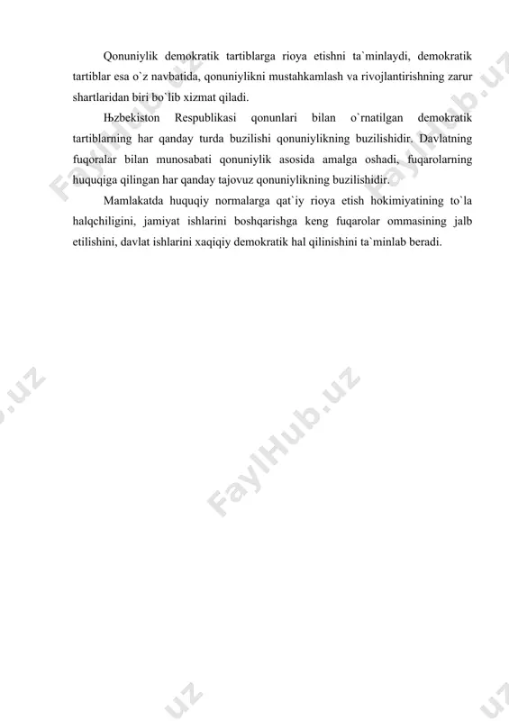 sh va yuridik burchlarni amalga oshirishga imkon beradigan ijtimoiy taraqqiyotning obyektiv shart-sharoitlari va davlat hamda jamoat tashkilotlari tomonidan maxsus ishlab chiqilgan turli-tuman usul va vositalar tushuniladi. qonuniylikni qo`riqlash va mustahkamlashni ta`minlovchi iqtisodiy, siyosiy, ijtimoiy, huquqiy va boshqa omillar qonuniylik kafolatlari tizimini tashkil etadi. qonuniylik kafolatlari - bu obyektiv va subyektiv shart-sharoitlari orqali yuridik vositalar va usullar yordamida qonuniylikni ta`minlashdir. qonuniylikni kafolatlash quyidagi yo`nalishlarda amalga oshiriladi: 1) iqtisodiy kafoltlar. 2) siyosiy kafolatlar. 3) jamoat kafolatlari. 4) yuridik kafolatlar. 5) ma`naviy kafolatlar. iqtisodiy kafolatlar - bunda qonuniylik iqtisodning yuqori va bir xildagi poђonasi hisoblanib, xar xil shakldagi mulk shakllari, monopoliyaning cheklanishi, ijtimoiy inqirozning yo`qligi, fuqarolarni yuqori darajada ijtimoiy va moddiy ta`minlanishi. siyosiy kafolatlar - demokratizmning mustahkamlanishi davlat va jamiyat qurilishi, oshkoralik tarzida jamoatchilik tomonidan ma`muriy organlar faoliyatini nazorat kilishni kengayishi, ochik siyesiy tizimning rivojlanishi va shakllanishi tushuniladi. mafkuraviy kafolatlar - bunda mafkura asosan insonni jamiyatning buyuk bir oliy kadriyati sifatida talkin etadi. …