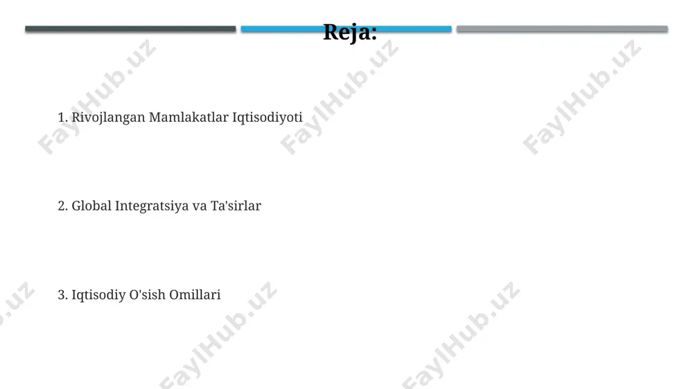 o'rtacha 2-3% ga o'sishi va jahon iqtisodiyotining 60% dan ortig'ini tashkil etishi kutilmoqda, xususan, aqsh va yevropa ittifoqi kabi yirik iqtisodiyotlar yetakchi bo'ladi. innovatsiyalar va texnologiyalar taraqqiyoti германиянинг "индустрия 4.0" дастури натижасида 2020 йилгача саноатдаги автоматизация даражаси 50% га ошган, бу юқори қўшимча қийматли маҳсулотлар ишлаб чиқаришни таъминлайди. япониядаги робототехника соҳасидаги инновациялар туфайли 2025 йилгача меҳнат унумдорлиги 20% га ошиши ва 1 млн. дан ортиқ янги иш ўринлари яратилиши кутилмоқда. жаҳоннинг ривожланган мамлакатларида, хусусан, ақшда йилига 300 млрд. доллардан ортиқ маблағ инновацион технологияларни ривожлантиришга йўналтирилади, бу иқтисодиётнинг рақобатбардошлигини оширади. rivojlangan mamlakatlarning asosiy iqtisodiy ko'rsatkichlari 2022-yilda aqshning yalpi ichki mahsuloti (yaim) 23 trillion dollarni tashkil etdi, bu jahon yaimining taxminan 24 foizini tashkil etadi va bu mamlakatning dunyodagi eng yirik iqtisodiyot ekanligini ko'rsatadi. germaniya yevropa ittifoqining eng yirik iqtisodiyotiga ega va 2023-yilda uning yaim o'sish sur'ati 0,4% atrofida bo'lishi kutilmoqda, bu inflyatsiya va global iqtisodiy beqarorlikka bog'liq. yaponiya dunyodagi uchinchi yirik …