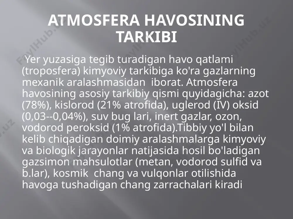 lorod kirishi cheklangan holatlar: suvosti kemalari, shaxtalar, pana joylar va shu kabilar bundan istisno) kislorod yetishmovchiligining_bo'lmasligi _shu bilan izohlanadi. hozirgi paytda ko'pgina kasalliklarni davolashda giperbarik i oksigenatsiya (gbo) kislorod terapiyasi usuli qo'llaniladi. uni barokamerada kislorod migdori (40-60%) hamda bosimi yuqori bo'lgan havo sharoitida o'tkaziladi. ushbu usulini qo'llash uchun tez yordam avtomashinalariga o'rnatilgan barotsentlar, baroope- ' ratsiya xonalari, barokameralar quriladi. gbo usuli surunkali 1 arterial gipoksemiya bilan kasallangan, anaerob infeksiyali bemorlarni davolash uchun, o'pka, yurak, tomirlarda operatsiyalar o'tkazishda qo'llaniladi. karbonad angidrid gazi konsentratsiyasi juda turg'un (0,03-0,04%) chunki tabiatda uning aylanish jarayoni to'xtovsiz bo'lib turadi.havoda paydo bo'lish manbalari organik moddalarning chirish va parchalanish jarayonlari, uning tuproqdan va mineral manbalardan ajralishi, odamlar va hayvonlarning nafas olishidir. havodagi karbonat angidrid gazining balansini uning o'simlik, okean, dengiz, ko'1 va daryolar ochiq sathlari tomonidan yutilishi, atmosfera yog'in sochinlari yuvib ketishi hisobiga saqlanib turadi. karbonat angidrid gazi nafas markazining fiziologik go'zg'atuvchisidir.. karbonat angidrid gazi ko'p miqdorda (10-12%) …