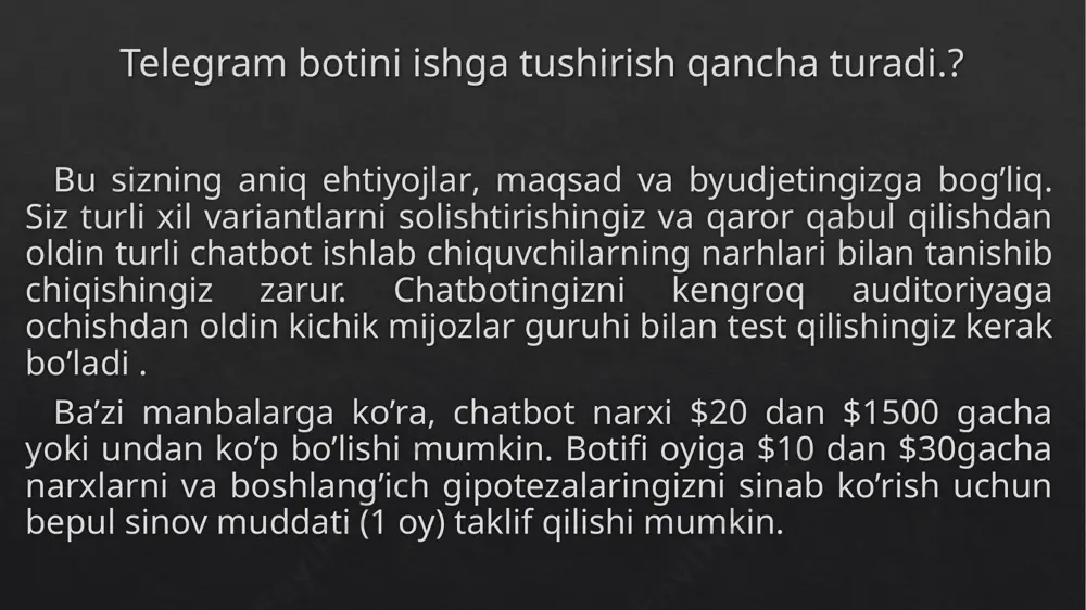 latiladi. bot.send_audio(chat_id, open('audio.mp3', 'rb')) bot.send_video() video fayl yuborish uchun ishlatiladi. bot.send_video(chat_id, open('video.mp4', 'rb')) bot.send_chat_action() "typing...", "sending photo..." kabi holatlarni ko‘rsatadi. bot.send_chat_action(chat_id, 'typing') bot.stop_polling() bot polling jarayonini to'xtatadi. bot.stop_polling() bot.set_webhook() bot uchun webhook o‘rnatadi (hostingda ishlatishda). webhook — bu serverga yuborilgan ma'lumotlarni qabul qilish uchun ishlatiladigan url bot.set_webhook(url="https://your-server-url.com/bot") bot.delete_webhook() o'rnatilgan webhookni o'chiradi. bot.delete_webhook() telebot.types.replykeyboardmarkup foydalanuvchi uchun maxsus tugmalar (keyboard) yaratadi. markup = telebot.types.replykeyboardmarkup() telebot.types.inlinekeyboardmarkup inline tugmalar yaratadi, ular xabar ichida ko‘rinadi. markup = telebot.types.inlinekeyboardmarkup() 12 botfather /newbot botname = myfirstbotpython botusername = myfirstbotpython_bot shulardan keyin @botfather bizga token beradi: import telebot bot = telebot.telebot('8025187323:aagep2v9uccychyfpbhfs7hatglykfvoz6u') @bot.message_handler(commands=['start']) def start(message): name = str(message.from_user.first_name) bot.send_message(message.from_user.id ,'salom ' + name) @bot.message_handler(content_types=['text']) def send(message): text = message.text if text == 'python': bot.send_message(message.from_user.id , 'salom python programist') elif text == 'java': bot.send_message(message.from_user.id , 'salom java programist') elif text == 'php': bot.send_message(message.from_user.id , 'salom php programist') elif text == 'c#': bot.send_message(message.from_user.id , 'salom c# programist') else: bot.send_message(message.from_user.id , 'uzur …