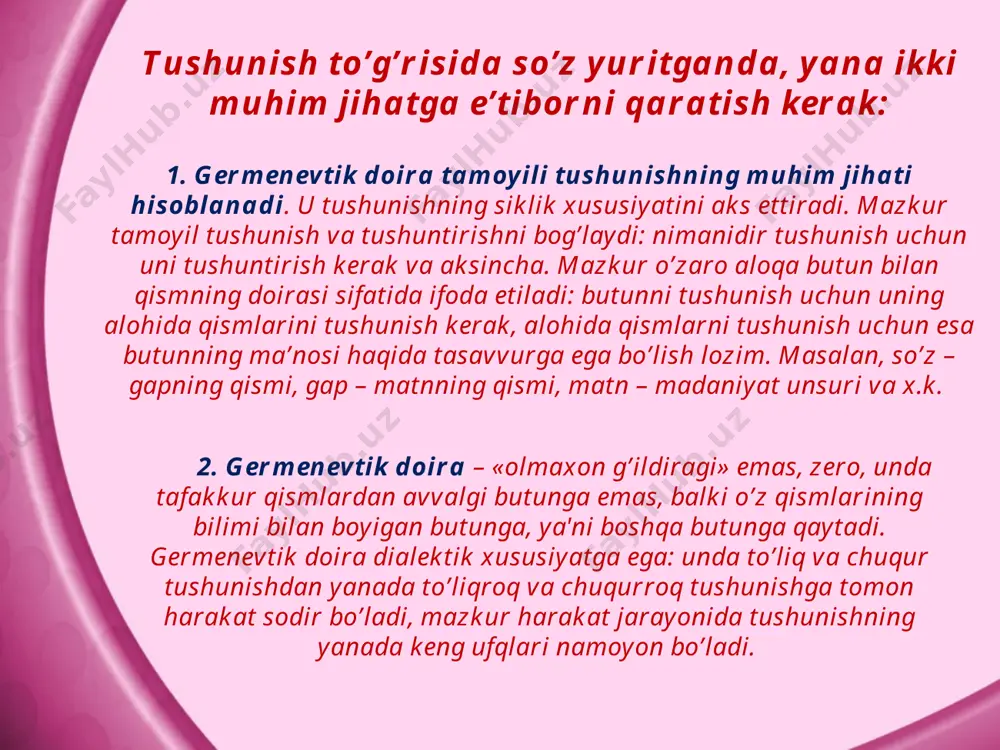 ni tashkil etadi. shuning uchun ham tushuntirish deganda umumiy tarzda muayyan hodisani umumlashtirishni tushunish mumkin. tushuntirish ob’ektning mohiyatini ochib berish bilan birga, tushuntirishni asoslashda foydalanilgan bilimlarga aniqlik kiritish va ularni rivojlantirishga ham ko’maklashadi. tushuntirish va tushunishning o’zaro nisbati. tushunish va tushuntirish bir-biri bilan chambarchas bog’liq. ammo tushunish tushuntirishni, ya'ni o’rganilayotgan hodisani qonunga va sababga bog’lashni nazarda tutmasligini unutmaslik kerak. bundan tashqari, tushunishni tushuntirishga qarama-qarshi qo’yish, shuningdek inson bilish faoliyatining har qanday sohasida faoliyat ko’rsatuvchi va bir-birini to’ldiruvchi bu ikki tadqiqotlarni bir-biridan ajratish mumkin emas. adabiyot: karimov i.a. asarlar to’plami. 1-18 jildlar. t. o’zbekiston. 1996-2011 karimov i.a. yuksak ma’naviyat – yengilmas kuch. –t.: ma’naviyat, 2008. -176. karimov i.a. jahon moliyaviy-iqtisodiy inqirozi, o’zbekiston sharoitida uni bartaraf etishning yo’llari va choralari. – toshkent: o’zbekiston, 2009. karimov i.a. vatanimizning bosqichma-bosqich va barqaror rivojlanishini ta’minlash - bizning oliy maqsadimiz. t.17. –toshkent: o’zbekiston, 2009. karimov i.a. hamkorlik, taraqqiyot va xavfsizlikni ta’minlash yo’lidan xalq so’zi. – 2010 …