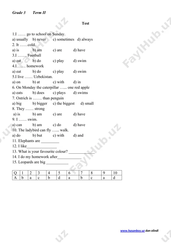 althy c) big d) small 10. they …. strong. a) are b) is c) am d) have 11.my hobby is …………… 12. i like……... 13. i don’t like ………... 14. do you like dancing? 15. where are you? q 1 2 3 4 5 6 7 8 9 10 a a c a d c b b d b a grade 3 term iv test 1.i like …. bike a) you b) my c) he d) we 2. we go to school …… bike. a) by b) in c) on d) at 3. there …… a library in navoiy street. a) am b) are c) is d) have 4. there …… books on the desk. a) am b) are c) is d) have 5. my brother lives ……. bukhara a) by b) in c) on d) at 6. i …... a brother. a) has b) are c) is d) have …