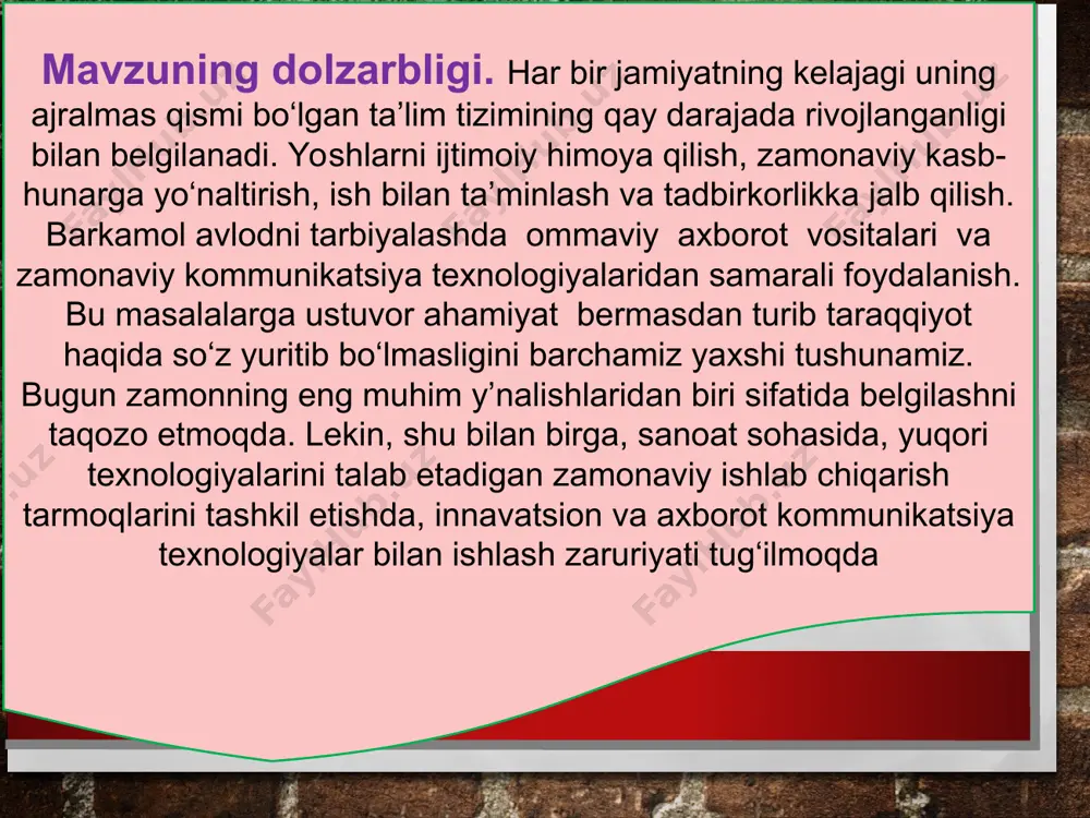 ‘qitish metodikasi o‘qitish uchun dars ishlanmalari yaratish. bitiruv malakaviy ishi mavzusining predmeti umumiy o‘rta ta’limning “informatika va axborot texnologiyalari” fani tarkibidagi10-sinfida “microsoft excel 2010da amallar va formulalar” bobini o‘qitish uslubiyoti. bitiruv malakaviy ish mavzusining ob’ekti - umumiy o‘rta ta’limning 10-sinflarida “informatika axborot texnologiylari” fanining “microsoft excel 2010da amallar va formulalar” bobini mazkur bitiruv malakaviy ishi kirish, ikkita bob, 6ta band, xulosa, foydalanilgan adabiyotlar ro‘yxati va ilovalardan tashkil topgan. bitiruv malakaviy ishida umumiy o‘rta ta’limning 10-sinfida “informatika axborot texnologiylari” fanining “microsoft excel 2010da amallar va formulalar” bobini o‘qitish samaradorligini oshirish bo‘yicha quyidagi ishlar amalga oshirildi: umumiy o‘rta ta’limda “informatika va axborot texnologiyasi” fanining o‘qitilishi jumladan, “10-sinfida “microsoft excel 2010da amallar va formulalar” bobini o‘qitish metodikasi” mavzulari bo‘yicha o‘tiladigan darslarni tashkil etishga oid mavzularning tayanch tushunchalari, rivojlanish bosqichlari hamda imkoniyatlarini va o‘quvchilarning bilim, malaka, ko‘nikmalarini shakllantishda turli metodlarni qo‘llash, darslarni o‘qitilishining o‘rni va ahamiyati yoritib berildi. bitiruv malakaviy ishining ahamiyati microsoft excel …