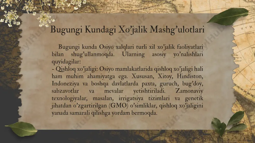 tillari da so‘zlashgan. ulardan tashqari bobilliklar, ossurlar, yahudiylar, arablar ajdodlari semit tillarida so‘zlashsa, xettlar midiyaliklar, parfiyaliklar, skiflar hind-evropa tillariga mansub bomishgan. asrlar davomida old osiyoliklar scmit tillarida eron va afg‘oniston hind-evropa tillarida gaplashadigan etnoslar tomonidan egallanadi. arablar istilosi ( vii-viii asrlarda ) old osiyo xalqlari tarixi va madaniyatiga ulkan ta’siif otkazadi, arablar bosib olgan xalqlarni islom diniga o'tkazib, iim-fan davlat boshqaruvida o ‘z yozuvlari va tillarini joriy etdilar. arablardan bir necha asr oltib old osiyoga ilgari orol dengizi bo‘ylarida sirdaryoning quyi oqimida yashagan o‘g‘izlar yurishlari boshlanadi, ularning avlodlari zamonaviy turklar, ozarbayjonlar va yam qator etnoslardir, o‘rta asrlar oxiridan old osiyo davlatlari inqiroz holatiga tushib, yevropa davlatlariga mustamiaka va yarim qaram olkalarga aylanadi. old osiyoning qadimgi tosh davri aholisi ovchilik, baliqchiiik, termachilik bilan hayot kechirganlar. odatda ahyon-ahyonda yirik hayvonlami ovlash ibtidoiy jamoalarm to'liq to‘yishga imkon bergan, g'arbiy osiyo iqlimi nisbatan m o‘tadil bo‘lsada, odamlar kulbalarida doimo olovni saqlashga intilganlar. olov yog‘ochni …