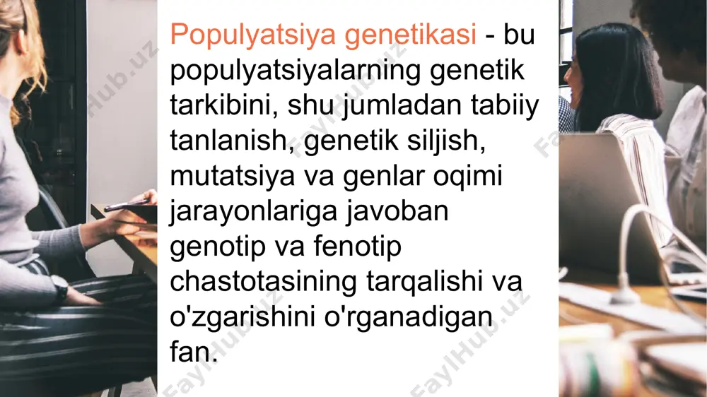 nga ega bo'lmasligi mumkin bir nechta afrika populyatsiyalarining genetik namunalarining joylashuvi xaritasi (chapda) va xaritada joylashtirilgan ma'lumotlarning 1 va 2 asosiy komponentlari (o'ngda). asosiy koordinata tekisligi xaritaga moslashish uchun 16,11° ga aylantirildi. bu aholining sharqiy-g'arbiy va shimoli-janubiy taqsimotiga mos keladi. [ allel uchrash tezligi allelning populyatsiyada qay darajada tarqalganligini anglatadi. u allelning populyatsiyada necha marta uchrashini sanash, soʻngra uni populyatsiyadagi jami gen nusxalari soniga boʻlish orqali topiladi. a allelning uchrash tezligi= populyatsiyada a allel nusxalari soni --------------------------------------------------------------------------------- barcha gen nusxalarining populyatsiyadagi soni populyatsiya genofondi populyatsiyadagi barcha genlarning nusxalaridan tashkil topgan boʻladi. xardivaynberg qonuni - bir gen allellari boʻyicha farq qiluvchi, oʻzaro erkin chatishadigan populyatsiyalarda allellar va genotipik sinflar uchrashishi tezligining taqsimlanishini tasvirlovchi qonun. 1908-yilda birbirlaridan mustaqil holda ingliz matematigi g. xardi va nemis vrachi v. vaynberglar kashf etishgan. x. —xardivaynberg qonuniga binoan, mutatsiya, tanlash bosimi, migratsiya va genlar dreyfi yuz bermaydigan hollarda allellarning oʻzaro uchrash tezligi avloddanavlodga oʻzgarishsiz oʻtadi. modomiki, …