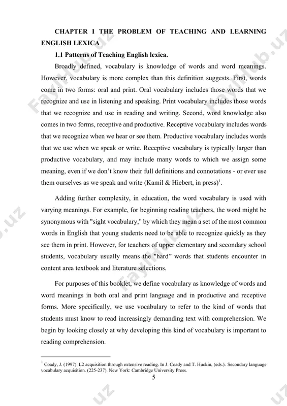 ccount three important aspects of words - their form, their meaning and their distribution - and one should consider various kinds of classes of words in the function of the language. he said that the forms, meaning distribution and classification of words are different in different languages. he revealed that these differences might lead to vocabulary problems. vocabulary is the knowledge of words and word meanings. as steven stahl (2005) puts it, "vocabulary knowledge is knowledge; the knowledge of a word not only implies a definition, but also implies how that word fits into the world." vocabulary is simply the ability to know the meaning of words and use those words in context[footnoteref:3]. [3: cobb, t. & horst, m. (2001). reading academic english: carrying learners across the lexical threshold. in j. flowerdew & m. peacock, research perspectives in english for academic purposes. (315-329). cambridge: cambridge university press.] the truth is, …
