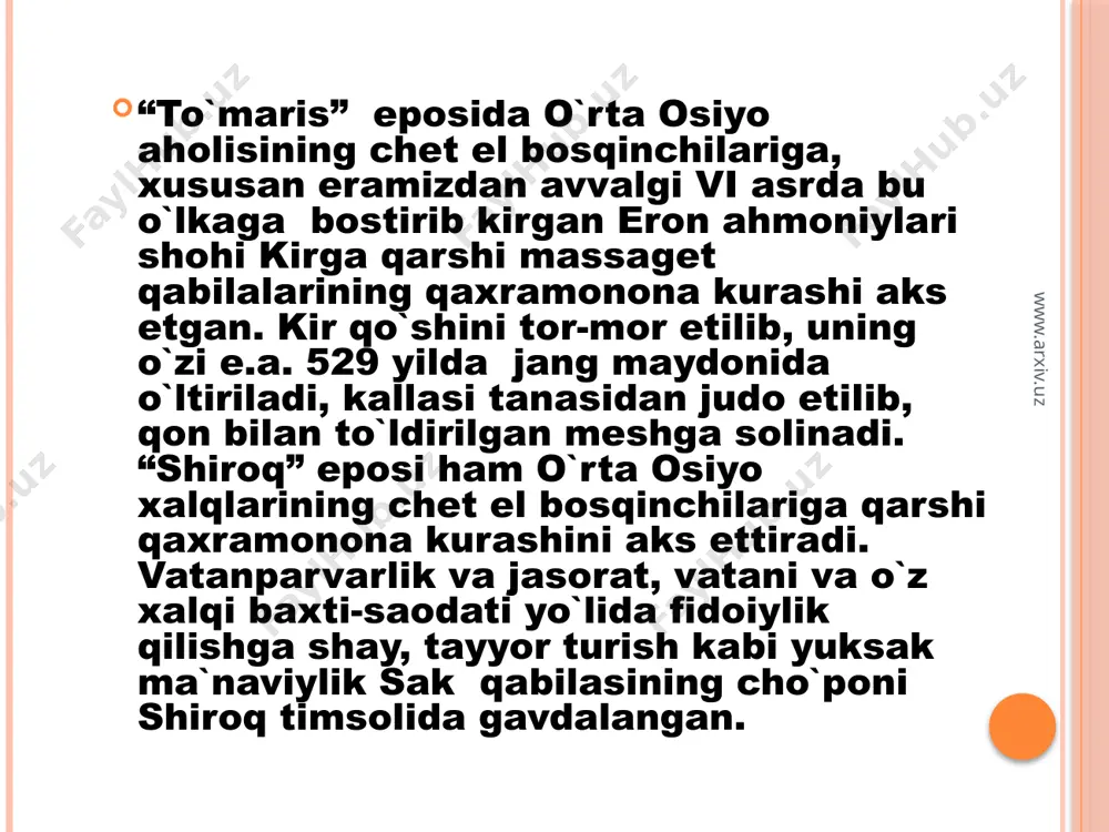 t ko`rsatmalari inson ma`naviy-ma`rifiy kamoglatining asosi bo`lgan axloq-odob tarbiyasining barcha qirralarini o`z ichiga olgan. sirasini aytganda, hadislar ma`naviy-axloqiy tarbiyaga oid bo`lgan fikrlarning mukammal to`plamidir. qur`oni karim, hadislarni, shariat ko`rsatmalarini o`rganar ekanmiz, ularda axloqiy kamolat, hallolik va poklik, iymon va vijdon bilan bog`liq bo`lgan birorta ham masala e`tibordan chetda qolmaganini ko`ramiz. ayniqsa, islom harom va halol masalasiga musulmonlar e`tiborini qaratadi. shariatda alloh tomonidan qilinishga ruhsat etilgan amallar, ishlar halol deyiladi. harom esa aksincha, qilinishiga ruhsat etilmagan ishlar va amallardir.odatda, xalqimiz halol va haromni yeyiladigan va ichiladigan narsalarga ishlatib kelgan. shariatda ijozat etilgan hamma narsalar, ishlar va amallar esa haromdir. alloh harom etilgan ishlarni qiluvchilarga bu dunyoda yoki qiyomat kunida jazosini albatta berishi aytiladi. www.arxiv.uz www.arxiv.uz mustaqil o`zbekistonda o`zining ichki va tashqi siyosatida islom dini qobig`ida ifoda etilgan umuminsoniy qadriyatlarga jiddiy o`rin ajratadi; islom dini xalqimizning moddiy va ma`naviy hayotining shakllanishida, yurtimizning jaxon madaniyatining yirik maskaniga aylanishida muhim ahamiyat kasb etgani ta`kidlanmoqda. …