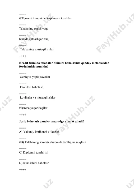 i 5. portfolio taqdimotida eng muhim jihatlardan biri bu – a) so‘z boyligi b) rang-baranglik c) aniqlilik va ketma-ketlik # tizimlilik va lo‘ndalik. 6. quyidagilardan qaysi biri portfolio turiga kirmaydi? # qiziqishlar ro‘yxati. b) ish namunasi c) ko‘nikmalar tahlili d) moliyaviy hisobot 7. portfolio dizaynida nimaga e’tibor berilishi kerak? a) ranglarning o’rni va tashqi ko’rinishi b) faqat shrift hajmi va tashqi ko’rinishi #tashqi ko‘rinish va o‘quvchi uslubi. d) grafiklar va rasmlar ko‘pligi 8. portfolio maqsadi nima? # o‘z yutuqlarini tizimli tarzda ko‘rsatish. b) faqat dars mashg‘ulotlarini saqlash c) hisobot topshirish uchun d) o‘qituvchining reytingini belgilash 9. portfolio qanday shaklda bo‘lishi mumkin? # qog‘ozli yoki electron. b) faqat qog‘ozli c) faqat audio fayllardan iborat d) faqat rasmiy hujjatlar 10. portfolio materiallarini tartiblashda yordam beruvchi vosita – a) ranglar bilan ajratilgan bo‘limlar b) rangli qalamlar c) alohida paragrfli slaydlar # sarlavhalar va bo‘limlar. 11. portfolio baholash mezonlaridan biri – a) qog‘oz sifati …