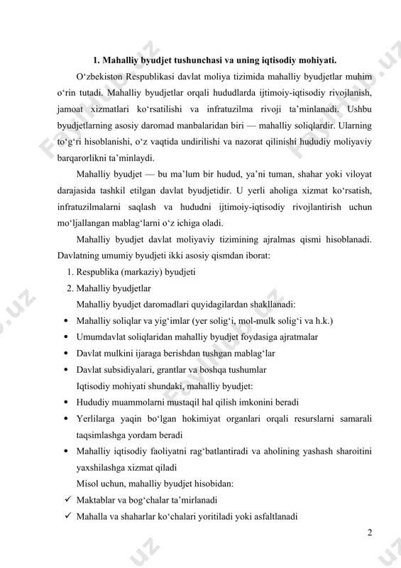 byudjet — bu oddiy odamlarning hayotiga bevosita ta’sir ko‘rsatadigan eng muhim moliyaviy vositalardan biridir. unga tushadigan har bir so‘mning qanday ishlatilishini kuzatish va unga hissa qo‘shish — fuqarolik burchidir. mahalliy byudjetlar o’zbekiston respublikasi davlat byudjetida muhim tarkibiy qismni tashkil etadi va mahalliy hokimiyatlarning faoliyat ko’rsatishlarida moliyaviy manba bo’lib hisoblanadi. o’zbekiston respublikasi oliy majlisining 2000 yil 14 dekabrdagi “byudjet tizimi to’g’risida”gi qonunida “mahalliy byudjet – davlat byudjetining tegishli viloyat, tuman, shahar pul mablag’lari jamg’armasini tashkil etuvchi bir qismi bo’lib, unda daromadlar manbalari va ulardan tushumlar miqdori, shuningdek, moliya yili mobaynida aniq maqsadlar uchun ajratiladigan mablag’lar sarfi yo’nalishlari va miqdori ko’zda tutilishi ko’rsatilgan. mahalliy byudjetlar tizimi mahalliy talab-ehtiyojlarni to’laroq qondirishni hamda davlatning markazlashgan tartibda amalga oshiradigan tadbirlarning bajarilishi bilan chambarchas bog’langan holda ijro etishga imkon yaratib beradi. mahalliy byudjetlar daromadlari asosan mahalliy soliqlar va umumdavlat soliqlaridan ajratmalar hisobiga shakllanadi. respublika va mahalliy byudjetlari o’rtasidagi munosabatlarni, bog’liqlikni yanada takomillashtirish, shubhasiz regionlarni iqtisodiy rivojlantirish …