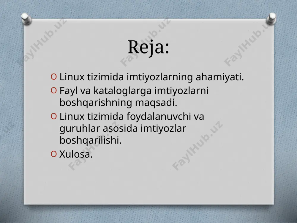 manda yordamida fayl yoki katalog uchun imtiyozlar belgilanadi. simvollar yordamida imtiyozlarni o'zgartirish: +: imtiyozni qo'shadi. -: imtiyozni olib tashlaydi. =: imtiyozni aniq belgilaydi. misollar: faylga imtiyozlar tayinlash: rwx – o'qish, yozish, va bajarish huquqi. rw- – o'qish va yozish huquqi (bajarish yo'q). r-- – faqat o'qish huquqi. katalogga imtiyozlar: rwx – katalogga kirish (katalogni ko'rish, ichiga fayl qo'shish, o'chirish, bajarish). r-x – katalogni faqat ko'rish va unga kirish, lekin fayllarni qo'shish yoki o'chirish mumkin emas. fayl va kataloglarning imtiyozlarini ko'rsatish uchun ls -l buyruq ishlatiladi. misol: $ ls -l example.txt -rw-r--r-- 1 user group 12345 nov 14 10:00 example.txt misollar: faylga egasi uchun yozish huquqini qo'shish: chmod u+w example.txt guruhdan yozish huquqini olib tashlash: chmod g-w example.txt boshqa foydalanuvchilar uchun faqat o'qish huquqini berish: chmod o=r example.txt misol: faylga barcha imtiyozlarni egasi uchun va faqat o'qish va bajarish huquqlarini guruh va boshqa foydalanuvchilarga berish: chmod 751 example.txt kataloglar uchun imtiyozlarni …