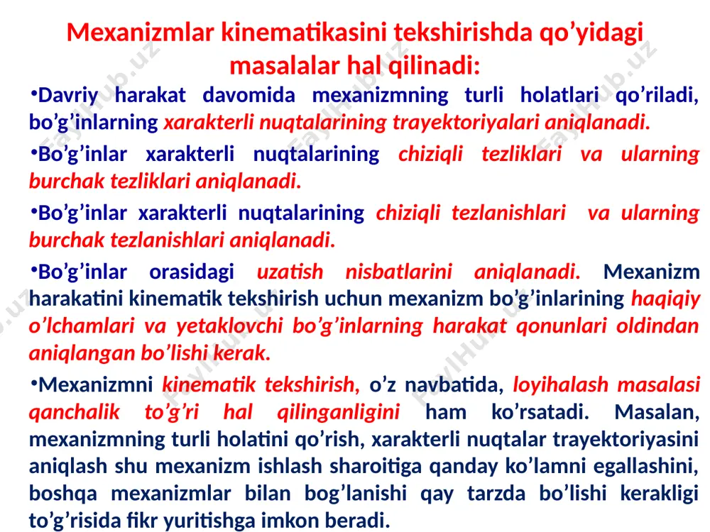 a ni 2-bo’g’in to’xtagandagi p bo’g’inning burchak tezligi deb qarash mumkin. qiymatlari s nuqtaning tezlik analoglari deyiladi va ular quyida keltiriladigan nisbatlarni inobatga olgan holda kinematik uzatish funksiyalari vaqtga bog’liq bo’lmaydi, ular mexanizmning faqat kinematik sxemasiga va bo’g’inlarining holatiga bog’liq ravishda aniqlanadi, ya’ni ular, umumlashgan koordinatalarning’ o’zgarish qonunidan qat’i nazar, mexanizmning kinematik parametrlarini belgilab beradi. shaklda ba’zi mexanizmlar (1 - silindrsimon tishli uzatma; 2 - silindrsimon tishli g’ildiraklari bo’lgan uzatish qutisi; 3 - pishangli kulisali mexanizm; 4 - malta mexanizmi) uchun umumlashgan φ1 koordinata funksiyasida uzatish nisbatining o’zgarish grafiklari keltirilgan. mexanizmdagi bo’g’inlarning burchak tezlanishlari mos bo’g’inning ikkinchi hosila holat fukksiyasi yordamida aniqlanadi. erkinlik darajasi w = 1 bo’lgan mexanizmning i indeksli (i = 1, . . . , p) bo’g’ini uchun quyidagicha yoziladi: s nuqtaning ikknnchi hosila holat funksiyasi ss yordamida mexanizm s nuqtasining urinma tezlanishi aniqlanadi: nazorat savollari va topshiriqlar: 1. kinematik tahlil qilishning qanday usullari bor? 2. mexanizmning …