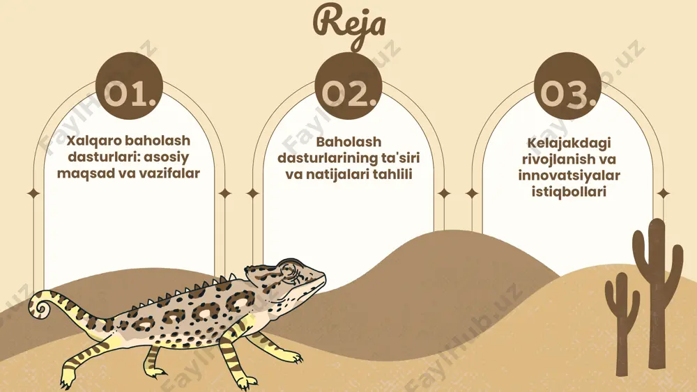 rivojlantirish va muvofiqlikni ta'minlash uchun strategiyalar ishlab chiqish mumkin. qo'shimcha afzalliklar xalqaro baholash dasturlari o'quvchilarning o'zaro ta'siri va madaniyatlararo bilim almashinishini rag'batlantiradi. bu, o'z navbatida, global fikrlash va umumbashariy qadriyatlarni rivojlantirishga yordam beradi. baholash dasturlarining ta'siri baholash dasturlari ta'lim jarayoniga muhim ta'sir ko'rsatadi. ular o'quvchilarning bilim va ko'nikmalarini baholash orqali ta'lim sifatini oshirishga yordam beradi. o'zbekistondagi baholash dasturlarining ta'siri, masalan, pisa va timss, mahalliy ta'lim tizimining kuchli va zaif tomonlarini aniqlashda muhim rol o'ynaydi. ushbu dasturlar o'quvchilarning natijalarini global miqyosda solishtirish imkonini beradi va o'quvchilarning o'qituvchilar va ta'lim muassasalari tomonidan qabul qilinadigan bilim darajasiga ta'sir qiladi. o'zaro bog'liqlik ta'lim siyosati va dasturlarining samaradorligini oshirishga yordam beradi. misol uchun, pisa natijalari o'zbekistonda ta'lim sifatini oshirish uchun yangi strategiyalarni ishlab chiqish imkonini yaratadi. natijalar tahlili: o'zbekiston misoli o'zbekistondagi baholash natijalari o'zbekiston xalqaro baholash dasturlarida ishtirok etib, pisa va timss kabi dasturlarda olingan natijalar o'quvchilarning matematik va ilmiy bilimlar darajasini ko'rsatadi. mavjud muammolar …