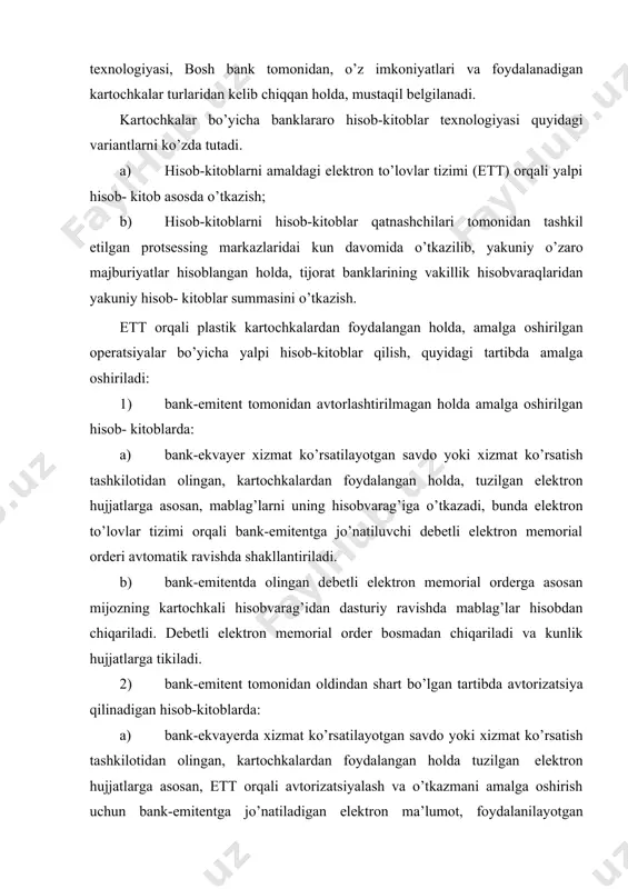 erga jo’natadi. v) bank-ekvayerda, bank-emitentdan olingan elektron memorial orderga asosan, mablag’lar savdo yoki xizmat ko’rsatish tashkilotining talab qilib olinguncha depozit hisobvarag’iga o’tkaziladi. memorial order bosmadan chiqariladi va bankning kunlik hujjatlariga tikiladi. protsessing markazlari orqali hisob-kitoblarni o’tkazish quyidagi tartibda amalga oshiriladi: a) kun davomida kartochkalar bo’yicha barcha tranzaktsiyalar, hisob-kitoblar qatnashchilari tomonidan tasdiqlangan tartibda, protsessing markazi orqali o’tkaziladi va hisob-kitoblarda qatnashuvchi har bir bank uchun alohida ochilgan shaxsiy hisobvaraklarda aks ettiriladi; b) hisob-kitoblar qatnashchilari kelishuviga asosan, hisob-kitoblar bo’yicha yakuniy summalar (majburiyatlar) tijorat banklarining markaziy bankning hisob- kitoblar markazida ochilgan vakillik hisobvaraqlari orqali, shartnomada qayd etilgan davriylikda o’tkaziladi; v) banklar, protsessing markazidan olingan ma’lumotlarga asosan, kartochkalardan foydalangan holda amalga oshirilgan operatsiyalar bo’yicha, mablag’larni mijozlarning hisobvaraqlariga kiritadilar yoki chiqaradilar. 2. naqd pulsiz hisob-kitoblar bo’yicha bank nazorati. ko’pgina rivojlangan mamlakatlarda bank tizimlari iqtisodiyotning boshqa tizimlariga nisbatan kuchaytirilgan nazorat va tekshiruv ob’ektlari hisoblanadi, chunki tijorat banklari o’z mijozlari hisoblangan davlat tashkilotlari, tijorat korxonalari va xususiy shaxslarning …