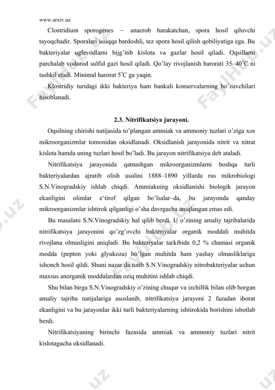i fazasida ammiak va ammoniy tuzlari nitrit kislotagacha oksidlanadi. nitrifikatsiya jarayonining birinchi fazasini oval shakldagi nit​rozomonas (nitrosomonas) nomli bakteriya qo’zg’atadi. bu bakteriya harakatchan va uning xivchini tanasiga nisbatan 50 baravar uzun bo’ladi. nitrozomonas hujayrasining katta–kichikligiga qarab: a, b, s, tur xil​lari uchraydi. nitrifikatsiyaning ikkinchi fazasida nitrit kislota nitrat kis​lotagacha oksidlanadi. bu fazada uchburchak shaklidagi mayda tayoqchasimon nitrobakter (ni​trobacter) qatnashadi. nitrifikatsiya jarayonini qo’zg’ovchi bakteriyalar oksidlanish reak​tsiyalarini o’tkazayotganda energiya ajralib chiqadi. ana shu energiya hisobiga bu bakteriyalar karbonat angidridni o’zlashtirib o’z tanasini tuzish uchun zarur bo’lgan organik moddalarni (jumladan uglevodlarni) tayyorlaydi. demak, bu bakteriyalar ham yashil o’simliklar singari, oziqlanish jarayonida karbonat angidridni o’zlashtiradi. yashil o’simliklar karbonat angidridni o’zlashtirishda quyosh ener​giyasidan foydalanib organik moddalarni tayyorlaydi. bu jarayon ( fo​tosintez deb ataladi. nitrobakteriyalar karbonat angidridni o’zlashtirib, organik mod​dalarni yaratish uchun kimyoviy reaktsiyalar vaqtida ajralib chiqqan ener​giyadan foydalaniladi. shunga binoan bu jarayon ( ximosintez deb ataladi. 2.4. denitrifikatsiya jarayoni. muhit (tuproq) tarkibidagi nitrit, nitrat, ammiak …