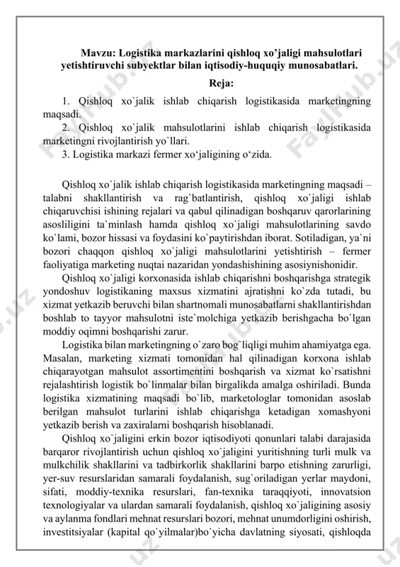oddiy-texnika resurslari, fan-texnika taraqqiyoti, innovatsion texnologiyalar va ulardan samarali foydalanish, qishloq xo`jaligining asosiy va aylanma fondlari mehnat resurslari bozori, mehnat unumdorligini oshirish, investitsiyalar (kapital qo`yilmalar)bo`yicha davlatning siyosati, qishloqda servisni rivojlantirish, xarajatlarni tejash, mahsulot va xizmatlarning baholarini belgilash, raqobatbardoshligini oshirish hamda qishloq xo`jaligi korxonalarining daromadlarini ko`paytirish yo`llarini asoslab berish maqsadga muvofiqdir. o`zbekiston respublikasi prezidenti shavkat mirziyoyev ta`kidlaganidek, -qishloq xo`jaligini diversifikatsiya qilish, yer-suv resurslaridan yanada oqilona foydalanish, eksportbop mahsulotlar yetishtirish orqali dehqonlarning daromadini oshirish borasida olib borayotgan tizimli ishlarimiz ham asta-sekin o`z samarasini bermoqda. mamlakatimiz qishloq xo`jaligida bozor iqtisodiyoti talablariga mos iqtisodiy munosabatlami shakllantiradigan, huquqiy, tashkiliy, iqtisodiy hamda ijtimoiy islohotlar bosqichma-bosqich amalga oshirilishini ta`minlash imkoniyatini beradigan tadbirlar ishlab chiqilib, izchil amalga oshirilmoqda. bunda sohaga oid turli dasturlarning qabul qilinib, hayotga tatbiq etilishi ham muhim ahamiyat kasb etmoqda. natijada qishloq xo`jaligining yuqori sur`atlarda rivojlanishini ta`minlash va shu orqali respublika iqtisodiyotini yuksaltirishga erishilmoqda. agrar-iqtisodiy islohotlar va tarkibiy o`zgarishlar hamda diversifikatsiyalash natijasida qishloq xo`jaligida xo`jalik …