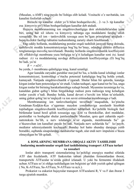 a reseptorga bog’lanishi uchun ketgan vaqt yig’indisidan iborat. ba’zi bir sinapslarda neyromediatorning reseptor bilan ta’sirlashishi, ion kanallarini faolnovchi va shu orqali postsinaptik potensial (psp)ning yuzaga kenishiga sabab bo’nuvchi ikkilamchi mediatorning paydo bo’lishiga olib keladi. ko’pchilik kimyoviy sinapslarda, mediator sifatida, quyidagi moddalar ishlaydi: asetinxolin, katexonaminlar- adrenanin, noradrenanin va dofamin, serotolin (5- gidroksitriptamin), gistamin, -aminomoykislota (gamk), glutamin, asparagin kislotalari va gnisin. nerv uchlarida mediator ajratinishining zaruriy sharti- bu tirqishda ca2+ ionlarining mavjud bo’lishidir. sinaps oldi membranaga hp kelib yetishi bilan undagi ca-kanallari ochinadi. ichkariga ca2+ ionlari kiradi va ular mediatorlarga ega pufakchalarning sinaps oldi membranaga yepishishini ta’minlaydi. bu jihatdan mg2+ antagonistdir. 3. postsinaptik potensiallar mediatorning sinaps keti membranasidagi reseptorlar bilan ta’sirlashishi unda postsinaptik potensialning paydo bo’lishiga olib keladi. psp qo’zg’atuvchi qutbsiznantiruvchi postsinaptik potensial (+psp) yoki tormoznovchi (qutblilikni oshiruvchi) postsinaptik potensial (tpsp)ga bo’linadi. nerv muskul sinapslarida, sinaps oldi membranaga kelib yotgan shp, sinaps tirqishiga asetinxolinning (ax) ajratinishiga sabab bo’ladi. so’ngra, mediator molekulalari diffuziyalanib, …