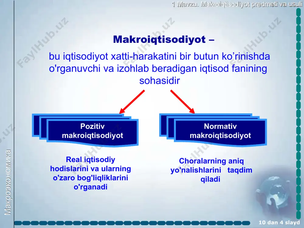 makroiqtisodiyot predmeti va usuli 10 dan * slayd makroiqtisodiy model endogen miqdorlar ekzogen miqdorlar ish bilan bandlik darajasi; ishlab chiqarish darajasi ; inflatsiya; foiz stavkasi; valuta kursi davlat xarajatlarining o’zgarishi; soliqlar o’zgarishi; pul massasining o’zgarishi макроэкономика 1 mavzu. makroiqtisodiyot predmeti va usuli 10 dan * slayd iqtisodiyotdagi aylanma oqimlarning bazis modeli firmalarning xarajatlari uy xo'jaliklarning daromadlari resurslar resurslar tovar va xizmatlar tovar va xizmatlar firmalar daromadlari uy xo'jaliklarning iste’mol xarajatlari firmalar uy xo'jaliklari ishlab chiqarish omillarining (resurslar) bozori tovar va xizmatlar bozori макроэкономика 1 mavzu. makroiqtisodiyot predmeti va usuli 10 dan * slayd tashqi dunyo resurslar bozori moliya bozori uy xo'jaliklari firmalar tovar va xizmatlar bozori davlat макроэкономика 1 mavzu. makroiqtisodiyot predmeti va usuli 10 dan * slayd inyeksiyalar bu ichki ishlab chiqarilgan mahsulotlarni iste’moli uchun qilinadigan har qanday qo’shimchasidir. bularga investitsiyalar, davlat xaragatlari va eksport kiradi. zahiralar faqatgina muayyan bir vaqt oralig’ida o’lchanishi mumkin va obyektning ma’lum sanadagi (yilning …
