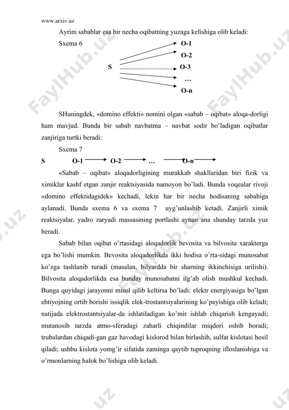 ib kelishi mumkin. shart-sharo-it o’zgartirilsa, a–sabab b–oqibatga emas, s–oqibatga turtki beradi. oqi-batning yuz berishiga olib kelgan sabablar yig’indisi va shart-sharoit fal-safada sababiy asos deb ataladi. sababiy asos, shuningdek, bahona, turtki tushunchalarini ham qamrab oladi. sabab va oqibat o’rtasidagi murakkab aloqadorlik to’g’risidagi falsa-fiy o’ylar sababiyat printsipining shakllanishiga zamin hozirladi. ushbu printsipga muvofiq, har qanday oqibat ma‘lum sabab va shart-sharoitning intihosidir; olamda hech qanday hodisa besabab sodir bo’lmaydi. b) zaruriyat va tasodif sabab va oqibat o’rtasidagi aloqadorlikda qonuniyat borligini ta‘-kidlab o’tdik. binobarin, har qanday «sabab – oqibat» zanjiri ob‘ektiv zaruriyatdan iborat. shu yo’nalishdagi fikrlarimiz o’z-o’zidan determinatsiya aloqalarini ifodalovchi ikkinchi juftlik – «zaruriyat» va «tasodif» kate-goriyalari sari yetaklaydi. zaruriyat «sabab – oqibat» aloqalarida hal qiluvchi rol o’ynaydi. za-ruriyat – sistemalarning mohiyatiga taalluqli xususiyat, qonuniy ravishda yuz berishi lozim bo’lgan oqibat–hodisadir. tasodif esa narsalardagi aso-siy aloqalarga emas, ikkinchi darajali aloqalarga bog’liq bo’lgan, yuz beri-shi ham, yuz bermasligi ham mumkin bo’lgan hodisa, jarayondir. falsafiy determinizmda …