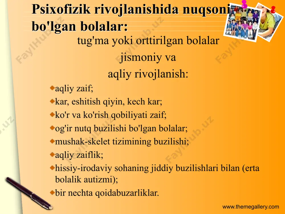 an. bu ehtiyojlar jismoniy, aqliy yoki psixologik nuqsonlarga bog'liq bo'lishi mumkin. ta'lim jarayonini o'quvchilarning ehtiyojlariga moslashtirish, ularga individual yordam ko'rsatish va ta'limda muvaffaqiyatga erishishlari uchun zarurdir. o'quvchilarning ehtiyojlarini aniqlash, ularning rivojlanishidagi qiyinchiliklarni bartaraf etish va ta'lim metodlarini shunga moslashtirishni o'z ichiga oladi. www.themegallery.com 3. maxsus metodlarni qo'llash: maxsus ehtiyojlari bo'lgan o'quvchilarga pedagogik yordam ko'rsatish: koreksion pedagogika maxsus ehtiyojlari bo'lgan o'quvchilar bilan ishlashda maxsus metodlarni qo'llashni talab qiladi. bu metodlar o'quvchilarning qobiliyatlariga va rivojlanish darajasiga mos ravishda ishlab chiqilgan. maxsus metodlar o'quvchilarning nutq rivojlanishi, motor ko'nikmalari, diqqatni jamlash, kognitiv ko'nikmalar va boshqa rivojlanish jarayonlarini qo'llab-quvvatlashga qaratilgan bo'lishi mumkin. ular o'quvchilarning bilim olish jarayonini samarali qilish, ularga qiyinchiliklarni yengishda yordam berish va mustahkamlashga yordam beradi. www.themegallery.com koreksion pedagogikaning umumiy vazifasi: koreksion pedagogikaning vazifasi o'quvchilarning salohiyatini to'liq ochib berish, ularni jamiyatda muvaffaqiyatli va sog'lom hayot kechirishlariga tayyorlashdir. bu vazifalar ta'lim jarayonini o'quvchilarning individual ehtiyojlari va salohiyatiga moslashtirish, ularga maxsus pedagogik yordam ko'rsatish, ijtimoiylashuv …