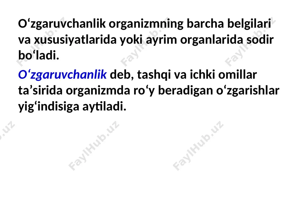 anizm o‘zgarishi jarayonida namoyon bo‘ladi. masalan, navlarga baho berishda ularning genotipi reaksiya normasi o‘simliklarni qulay va noqulay sharoitda parvarish qilish yo‘li bilan o‘rganiladi. genotipning reaksiya normasi orqali navlar qanday tuproq, iqlim sharoitiga moslana olishi aniqlanadi. тashqi sharoit qulay bo‘lganda yuqori hosil beradigan, noqulay bo‘lganda esa hosili deyarli kamaymaydigan navlarning ahamiyati kattadir. qurg‘oqchilik sharoitda esa ularning hosili uncha kamaymaydi. sug‘oriladigan yerlarda juda yuqori hosil beradigan navlar bug’doy arpa bezostaya-1 intensivnaya ulug‘bek-600 sanzar-8 umanka skifyanka kroshka afrasiab тemur 108-f тoshkent-6 qirg‘iziston-3 farg‘ona-6 namangan-77 s-6527 o‘zbekistonning tashqi sharoitga tez moslashish xususiyatiga ega g’o’za navlari oqdaryo-6 yulduz omad mehr navbahor navlari ekin navlari va chorva mollari zotlarining qaysi belgilari katta, qaysi belgilari esa kichik reaksiya normasiga ega ekanligini bilish qishloq xo‘jaligi uchun muhim ahamiyatga ega. mutatsion o‘zgaruvchanlik organizm belgi yoki xususiyatining tasodifan, sakrash yo‘li bilan irsiy o‘zgarishi mutatsion o‘zgaruvchanlik deyiladi, bunday o‘zgarishlar natijasida hosil bo‘lgan organizm esa mutant deb ataladi. mutatsion o‘zgaruvchanlik modifikatsion o‘zgaruvchanlikdan …