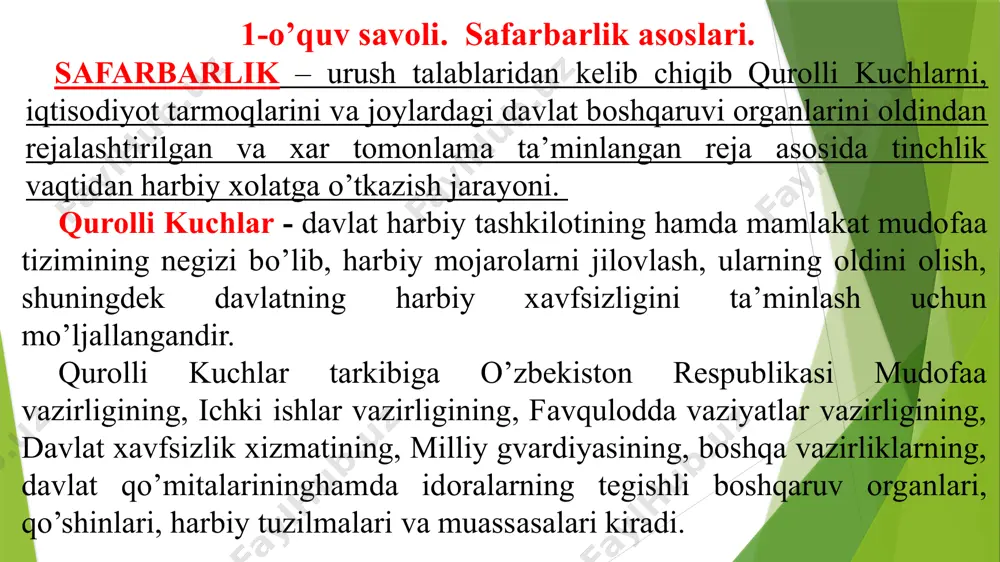 , yirik halokat, tabiiy ofat, epidemiyalar) yuz bergan taqdirda fuqarolarning xavfsizligini ta’minlashni ko’zlab joriy etiladi. favqulodda holatni joriy etish hamda bekor qilish shartlari va tartibi, shuningdek favqulodda holat rejimi qonun bilan belgilanadi. safarbarlik e’lon qilinishi: urush holati e’lon qilinishi yoki harbiy holat yoxud favqulodda holat joriy etilishi bilanoq umumiy yoki qisman safarbarlik e’lon qilinishi mumkin. safarbarlik tadbirlariga tayyorgarlik ko’rish va ularni o’tkazish tartibi qonun hujjatlarida belgilanadi. hududiy mudofaa o’zbekiston respublikasining davlat chegarasini himoyalash va mudofaa qilish, aholini, ob’ektlar va kommunikatsiyalarni dushman xurujlaridan, qo’poruvchilik va terrorchilik harakatlaridan himoya qilish maqsadida, shuningdek harbiy (favqulodda) holat rejimini saqlab turish uchun tashkil etiladi va amalga oshiriladi. hududiy mudofaani ta’minlashga jalb qilinadigan kuchlarning vazifalari, ularning hamkorlikdagi harakatlarining tashkil etilishi va tartibi qonun hujjatlarida belgilanadi. fuqaro muhofazasi harbiy harakatlarni olib borish chog’ida yoki shu harakatlar oqibatida yuzaga keladigan xavflardan o’zbekiston respublikasi aholisini, hududlarini, moddiy va madaniy boyliklarini muhofaza qilish maqsadida tashkil etiladi va o’tkaziladi. fuqaro muhofazasini …