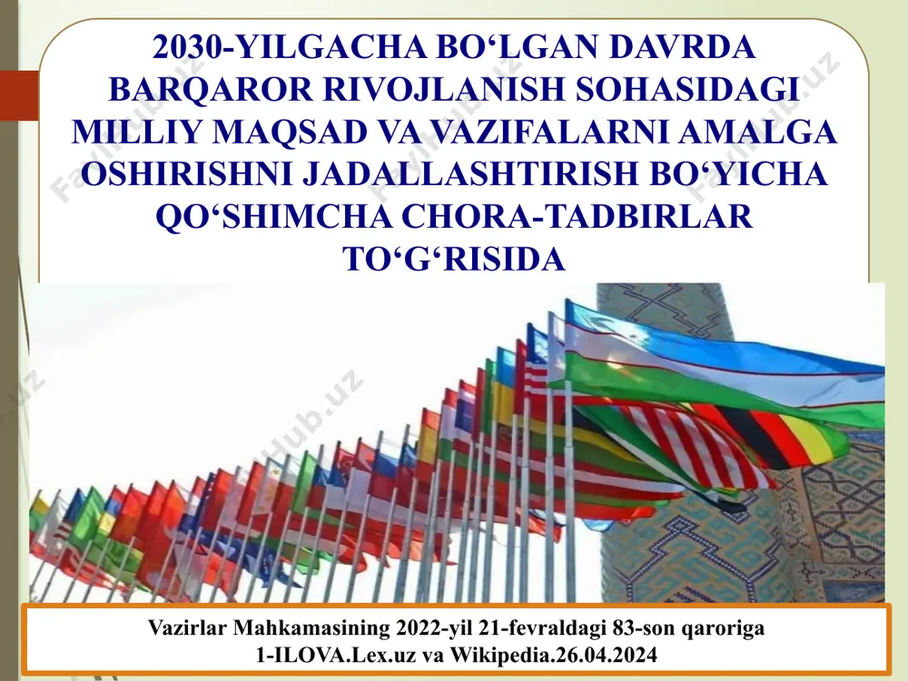 atlarini kengaytirish. vazirlar mahkamasining 2022-yil 21-fevraldagi 83-son qaroriga 1-ilova.lex.uz va wikipedia.26.04.2024 6-maqsad. barcha uchun suv resurslari va sanitariyaning mavjudligi hamda ulardan oqilona foydalanishni ta’minlash. vazirlar mahkamasining 2022-yil 21-fevraldagi 83-son qaroriga 1-ilova.lex.uz va wikipedia.26.04.2024 7-maqsad. arzon, ishonchli, barqaror va zamonaviy energiya manbalaridan barcha uchun umumfoydalanish imkoniyatini ta’minlash. vazirlar mahkamasining 2022-yil 21-fevraldagi 83-son qaroriga 1-ilova.lex.uz va wikipedia.26.04.2024 8-maqsad. samarali bandlikni oshirish hamda erkaklar va xotin-qizlarni munosib ish bilan ta’minlash asosida barqaror va umumqamrovli iqtisodiy o‘sishga ko‘maklashish. vazirlar mahkamasining 2022-yil 21-fevraldagi 83-son qaroriga 1-ilova.lex.uz va wikipedia.26.04.2024 9-maqsad. barqaror infratuzilmani yaratish, umumqamrovli va barqaror sanoatlashuv va innovatsiyalarga ko‘maklashish. vazirlar mahkamasining 2022-yil 21-fevraldagi 83-son qaroriga 1-ilova.lex.uz va wikipedia.26.04.2024 10-maqsad. mamlakat ichida tengsizlikni uning barcha ko‘rinishlarida qisqartirish. vazirlar mahkamasining 2022-yil 21-fevraldagi 83-son qaroriga 1-ilova.lex.uz va wikipedia.26.04.2024 11-maqsad. shaharlar va aholi yashash punktlarining ochiqligi, xavfsizligi va ekologik barqarorligini ta’minlash. vazirlar mahkamasining 2022-yil 21-fevraldagi 83-son qaroriga 1-ilova.lex.uz va wikipedia.26.04.2024 12-maqsad. iste’mol va ishlab chiqarishning oqilona modellariga o‘tishni ta’minlash. …