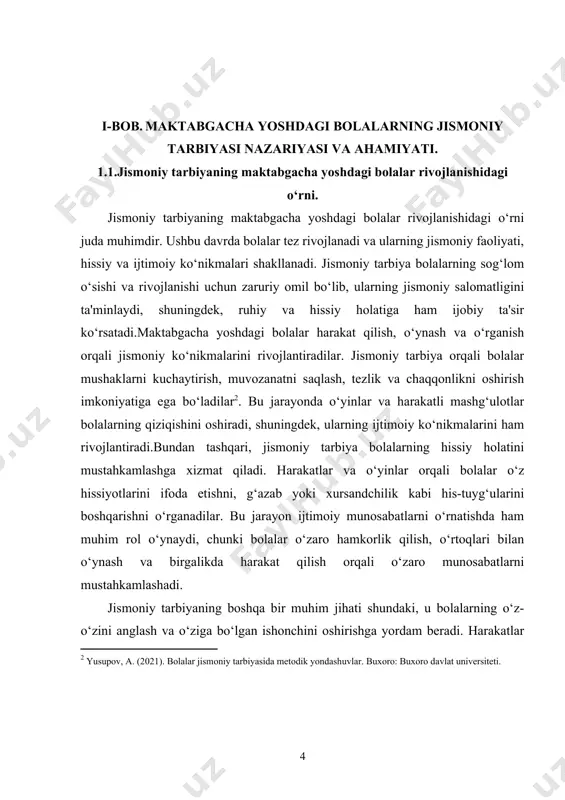 ni faol hayot tarziga o‘rgatish, ularning sog‘lom odatlarini rivojlantirish muhimdir. bu jarayon bolalarning kelajakda sport bilan shug‘ullanishlariga, sog‘lom ovqatlanish va jismoniy faollikni davom ettirishlariga yordam beradi.kichik yoshdagi bolalar o‘zlarini atrof-muhit bilan o‘rganish jarayonida, jismoniy tarbiyaning bir qismi sifatida, o‘zlariga xos o‘yinlar va faoliyatlarni tanlaydilar. ushbu o‘yinlar yordamida bolalar yangi ko‘nikmalarni o‘rganadilar, o‘zlariga bo‘lgan ishonchni oshiradilar va o‘z hissiyotlarini ifoda etishni o‘rganadilar. masalan, to‘p o‘ynash orqali bolalar muvozanatni saqlash, tezlik va chaqqonlikni rivojlantirish imkoniyatiga ega bo‘ladilar.jismoniy tarbiya bolalarda jamoaviy ruhni rivojlantirishga ham yordam beradi. o‘yinlar va jamoaviy faoliyatlar bolalar o‘rtasida hamkorlik, yordam va o‘zaro tushunishni kuchaytiradi. bu jarayon ijtimoiy ko‘nikmalarni rivojlantirishda muhim ahamiyatga ega. bolalar bir-birlari bilan muloqot qilish, o‘yinlar orqali yangi do‘stliklar o‘rnatish va birgalikda muammolarni hal qilishni o‘rganadilar. shuningdek, jismoniy tarbiya bolalarning psixologik rivojlanishiga ham ta'sir qiladi. harakatlar va o‘yinlar bolalarning stress va xavotirni kamaytirishga yordam beradi. ular o‘zlarini erkin his qilishadi, hissiy muvozanatni saqlash imkoniyatiga ega bo‘ladilar. bu …