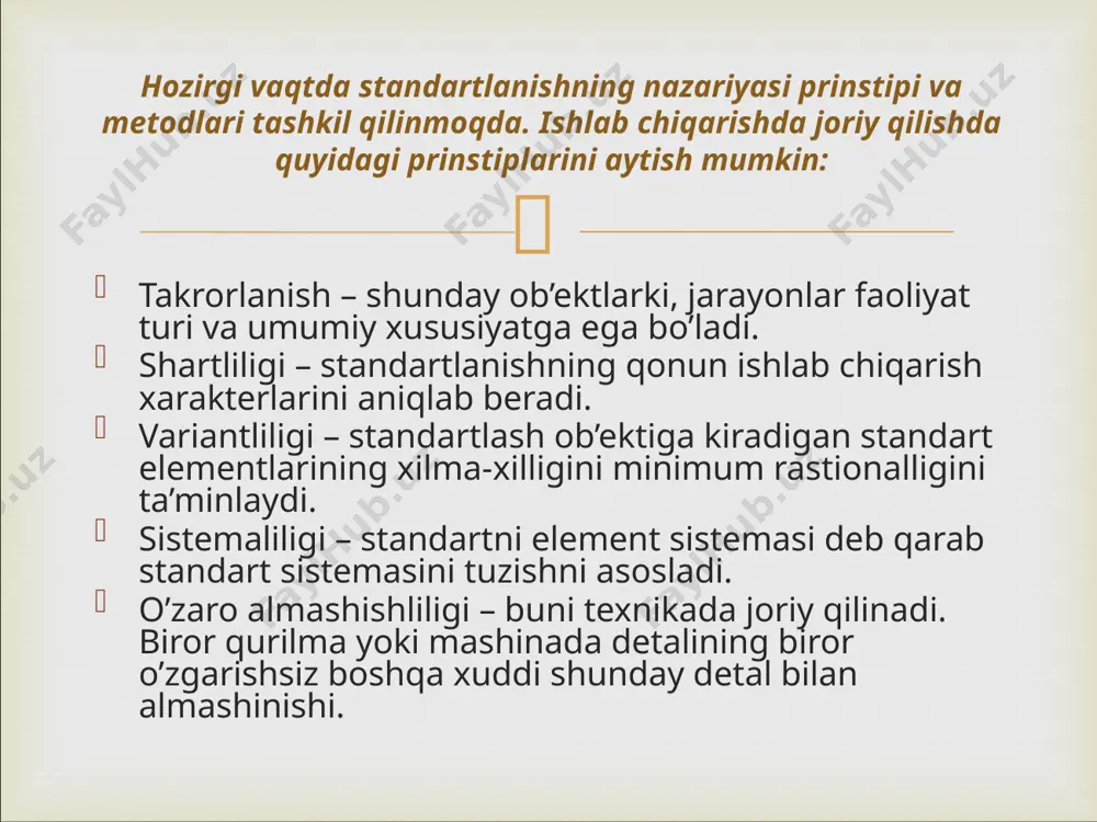 hartlarini ta’minlash; halq xo’jaligini boshqarishni tashkil qilishni takomillashtirish; mahsulotni ishlab chiqarish va loyixalash sohasida ixtisoslashni rivojlantirish; ishlab chiqarish fondlarini rastonal ishlatish, mehnat va moddiy resurslarni tejash; ishchilarning zmehnat muhofazasini va aholi sog’ligini ta’minlash; halqaro iqtisodiy, texnik va madaniy hamkorlikni rivojlantirish. standartlashning asosiy maqsadlari quyidagilar:  sifat xarakteristikalarini kompleks standartlash asosida tayyor mahsulot, xom-ashyo, materiallar, yarimfabrikatlar va to’ldiruvchi buyumlar sifatiga talablar belgilash; buyumlarni vazifasi va ishlatish sharoitlariga qarab mahsulot sifat ko’rsatkichlari umumiy tuzilishini, nazorat va tekshirish usul va vositalarini aniqlash; ishlab chiqarish jarayonlarini mexanizastiyalash va avtomatlashtirish, ishlab chiqarishni ihtisoslashni muhim sharti sifatida sanoat mahsulotlarini, xususan mashina, asbob va uskunalarni agregatlashtirishni rivojlantirish; xalq iste’moli mollari sifatini oshirish, ularning assotimentini yaxshilash va kengaytirish, shuningdek optimal sifatdagi mahsulotni ta’minlash uchun loyixalash va ishlab chiqarish sohasida qoida, talab va usullarni belgilash; davlatda bir xil va to’gri ulchovlarni ta’minlash, o’lchov birliklarida davlat etalonlarini tuzish va takomillashtirish; barcha mahsulotlarni xujjatlashtirish, sinflash va kodlash, shuningdek texnik-iqtisodiyi ma’lumotlarni yagona …