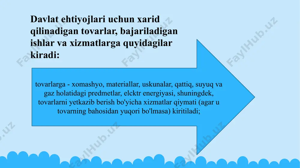 g yetarli darajada rivojlanmaganligi, xususan, o‘zbekiston respublikasida davlat xaridlari to 'g'­risida qonun qabul qilinmaganligi; davlat xaridini amalga oshiruvchi va uning nazoratini ta’minlovchi malakali kadrlarning yetishmasligi; - xarid tizimi hamda uning mexanizmlarining ochiq-oydin emasligi va boshqalar. funplay o'zbekiston respublikasi prezidentining 2011-yil 7 fevraldagi pq-1475-sonli “ davlat xaridlari tizimini maqbullashtirish va ularga kichik biznes subyektlarini jalb qilishni kengaytirish to'g'risida”gi qarorida ko'rsatilgan vazifalaming bajarilishini ta’minlash uchun o'zbekiston respublikasi vazirlar mahkamasi huzurida davlat xaridlari bo'yicha hukumat komissiyasi tashkil qilindi va uning ishchi organi etib o'zbekiston respublikasi moliya vazirligi g'aznachiligi belgilandi. qarorga ko'ra, davlat xaridlari bo 'yicha hukumat komissiyasining asosiy vazifalari va faoliyat yo'nalishlari qo'yidagilardan iborat: - tovarlar(ishlar, xizmatlar)ning davlat xaridlarini amalga oshirishga yo'naltirilgan davlat budjeti va boshqa markazlashtirilgan m anbalar m ablag'larining maqsadli va ratsional ishlatilishi, shuningdek, davlat xaridlari sohasida qonun hujjatlariga rioya qilish ustidan tizimli nazoratni amalga oshirish; - davlat xaridlari samaradorligi ustidan doimiy monitoringni amalga oshirish, ulami takomillashtirish bo'yicha zarur choralarni ishlab …