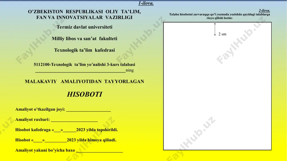 ilayotgan ma’naviy-ma’rifiy ishlar bilan tanishib, o’tkazilgan tadbirlarda ishtirok etdi. umumiy o’rta ta’lim maktabida faoliyat olib borayotgan tajribali pedagoglarning ish tajribalarini o’rganish maqsadida ularning nazariy, amaliy va o’quv amaliyoti darslarini kuzatdi. talaba ________________________ ___________ mustaqil ravishda umumiy o’rta ta’lim maktabida sinov darslarini o’tib berish uchun fan bo’yicha kalendar tematik ish rejasi, dars ma’ruzasi, amaliy va o’quv amaliyoti darslari uchun texnologik xaritalar, o’quvchilarga yo’riqnomalar, o’quvchilarning bilimini baxolash uchun savollar to’plami, tarqatma materiallar tayyorlashni o’rgandi. malakaviy amaliyotini o’tash davrida___________________________ __________________________________ o’zining pedagoglik xususiyatlarini bilim va ko’nikmalarini amalda qo’llay oldi. ushbu talabaning malakaviy amaliyoti davridagi faoliyatini _______________________ baholaymiz. _________________________ ___________-umumiy o’rta ta’lim maktabi direktori: ______________________ ma’naviy, ma’rifiy va tarbiyaviy ishlar bo’yicha direktor o’rinbosari: _______________________ fan o’qituvchisi: _______________________ 1 o’zbekiston respublikasi oliy va o’rta maxsus ta’lim vazirligi termiz davlat universiteti “tasdiqlayman” o’quv ishlari bo’yicha prorektori _________r.n.turayev «____»______ 2021 yil texnologik ta’lim kafedrasi 5112100- mehnat ta’lim sirtqi qo’shni davlat 3-kurs talabalari uchun m a l a …