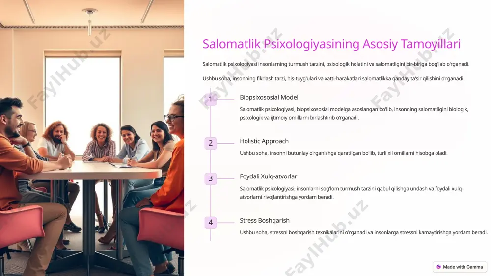 xologiyasi, insonlarni sog'lom turmush tarzini qabul qilishga undash va foydali xulq-atvorlarni rivojlantirishga yordam beradi. 9 xulosa va istiqbollar salomatlik psixologiyasi, insonlarning salomatligi va farovonligini oshirishga qaratilgan muhim sohadir. ushbu soha, kelajakda yanada rivojlanishni davom ettiradi va insonlarning salomatligini yaxshilashga qaratilgan yangi usullarni kashf etadi. 10 image1.png image2.png image3.png image4.png image5.png image6.png image7.png image8.png image9.png image10.png image11.png image12.png image13.png image14.png image15.png image16.png image17.png image18.png image19.png image20.png