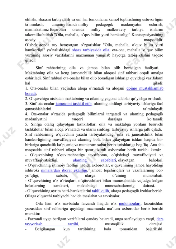 quyidagi o’zaro aloqalari, uyg’un yo’nalishlari belgilab olindi. milliy tarbiya yo’nalishi orqali yoshlarda o’zlikni anglash, vatanparvarlik, milliy g’urur, millatlararo muloqot madaniyati, milliy mafkuraviy onglilik, milliy odob, fidoyilik fazilatlari shakllantiriladi. umuminsoniy yo’nalishda huquqiy, iqtisodiy, jismoniy, aqliy, estetik, ekologik, gigityenik va boshqa tarbiya yo’nalishlari amalga oshiriladi. bu kontseptsiya milliy davlatchilik va jamiyat qurilishi talablari asosliligini ta’minlaydi. kontseptsiyada oilaga alohida e’tibor qaratildi. o’zbekistonda 1998 yil "oila yili" deb e’lon qilinishi oilaning tarbiyaviy rolini yanada kuchaytirdi. qayd etilgan masalalar jamiyatimiz, xalqimiz, davlatimiz taqdiri va uning dunyo miqyosidagi syosiy, iqtisodiy, ijtimoiy salohiyatini shakllantirishda g’oyat katta ahamiyatga ega ekanligiga xxxxxxxxxxxxxxxxxxxxxxxxxxxxxshuningdek, o’zbekiston respublikasining "ta’lim to’g’risida"gi qonunining 30-moddasida "voyaga yetmagan shaxslarning ota-onalari yoki qonuniy vakillari shaxsning qonuniy huquqlari va manfaatlarini himoya qilishlari shart hamda ularning tarbiyasi, o’quv muassasasigacha, umumiy o’rta, o’rta maxsus, kasb-hunar ta’limi olishlari uchun javobgardirlar", deb belgilab qo’yilgan. . bu "oila, o’quv bilim yurti, mahalla hamkorligi" bugungi kunning ma’naviy, ma’rifiy, mafkuraviy, tarbiyaviy zarurati ekanligini bildiradi. yosh avlodni …