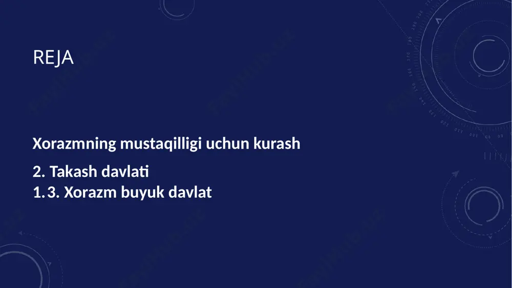ni bor edi. xorazmshohlar davlatining siyosiy tizimi ancha samarali edi. unda devon bosh idora hisoblanar edi. devon tepasida turgan vazir davlat ichki va tashqi siyosatini oʻz qoʻli ostidagi xodimlar orqali amalga oshirar edi. takashning xotini turkonxotun tufayli xorazmga kelgan turk zodagonlari va qipchoqlar davlatning barcha mas’uliyatli lavozimlarini va qoʻshinda qoʻmondonlik oʻrnini egallaydilar takashdan soʻng uning oʻgʻli sulton muhammad alovuddin (1200-1220) ham xorazm davlatini kengaytirish siyosatini davom ettiradi. dastlab u xirot va uning atroflari hamda xurosonning xorazm davlatiga kiritilmagan viloyatlarini egalladi, u qoraxoniylarga zarba berib, movarounnahrni ular qoʻlidan tortib olishga harakat qildi. xiii asr boshida xorazm juda keng maydonni egallagan buyuk davlatga aylangan edi. uning shimoliy-gʻarbiy va harbiy chegarasi orol va kaspiy dengizi sohillaridan janubiy gʻarbda iroqqa qadar borar edi. janubiy-sharqiy hududlari qazna viloyatidan, shimoliy-sharqiy chegarasi esa yettisuv va dashti qipchoqdan oʻtar edi. bu ulkan davlatning poytaxti urganch shahri edi. biroq qoʻlga kiritilgan muvaffaqiyatlar xorazmshoh alovuddin muhammadni esankiratib qoʻydi u oʻzini …