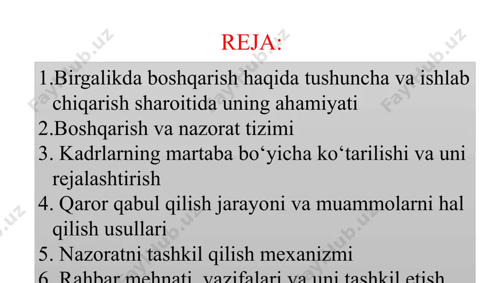 sida qabul qilinadi. shuning uchun har qanday munosabatlarga komanda me’yorlari va qadriyatlari xos bo‘lishi uchun, kamida yana bir a’zo (uchunchi a’zo) mavjud bo‘lishi zarur. komanda sonining yuqori chegarasi 12 kishidan osha olmaydi. chunki oddiy odamning sensorlik imkoniyatlari bir vaqt ichida o‘ntagacha boshqa odamlar bilan bo‘lgan aloqalarni nazorat ostida ushlashga qodir. shunga qaramay komanda soni me’yoridan oshiq bo‘lsa, quyidagi oqibatlar kelib chiqishi mumkin: komanda tarkibi o‘zgaruvchan bo‘lib qoladi (doim kimdir komandadan chiqib, kimdir kiraveradi); katta komanda ichida bir yoki ikki guruh paydo bo‘ladi; komandaning butuniyligi yo‘qoladi. atrof-muhit bilan komandaning tashqi munosabatlarida birlik bo‘lmaydi. kadrlarning martaba bo‘yicha ko‘tarilishi va uni rejalashtirish ilg‘or korxonalarda xodimning ishdagi o‘sishi uning o‘z vazifalari doirasini qanchalik yaxshi bajarishi va komanda a’zosi sifatida qanchalik muvaffaqiyatli ishlashiga qarab amalga oshiriladi. oliy ma’lumotli xodim ishlab chiqarish muammolarini hal qilishda muvaffaqiyatli qatnashish, o‘z malakasini oshirish, keng doirada ixtisoslik va mehnat mahoratlarini egallash uchun oliy ma’lumot 111 olmagan xodimga qaraganda boshidanoq ancha …