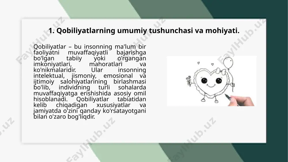 o'zgaruvchan va adaptiv usullarni qo'llash, shaxsning individual xususiyatlari va ehtiyojlariga moslashish zarur. bu jarayon nafaqat individuallikni rivojlantirishga, balki jamiyatning turli sohalarida muvaffaqiyatga erishishga ham yordam beradi. xulosa. qobiliyatlar tuzilishi va turlari insonning turli sohalarda muvaffaqiyatga erishish uchun zarur bo'lgan tabiiy va o'rganilgan salohiyatlardir. ular intelektual, jismoniy, emosional, ijodiy, kommunikativ va texnik kabi turli xil turlarga bo'linadi. har bir qobiliyat turi o'zining xususiyatlariga ega bo'lib, insonning har tomonlama rivojlanishiga hissa qo'shadi. intelektual qobiliyatlar bilim va tafakkur bilan bog'liq, jismoniy qobiliyatlar harakatlar va kuchga asoslanadi, emosional qobiliyatlar esa hissiy barqarorlikni saqlash va boshqalar bilan aloqalarni o'rnatishga qaratilgan. foydalangan adabiyotlar. hoshimov, m. (2004). psixologiya asoslari. toshkent: o‘qituvchi. karimov, i. (1995). yuksak ma’naviyat – yengilmas kuch. toshkent: ma’naviyat. turaeva, s. (2010). pedagogik psixologiya. toshkent: o‘qituvchi. islomov, i. (2013). ta’lim jarayonida shaxsni rivojlantirish. toshkent: fan. akhmedov, a. (2011). inson salohiyatini rivojlantirish: nazariy va amaliy jihatlar. toshkent: o‘zbekiston. image1.png image2.jpeg image3.jpeg image4.jpeg /docprops/thumbnail.jpeg
