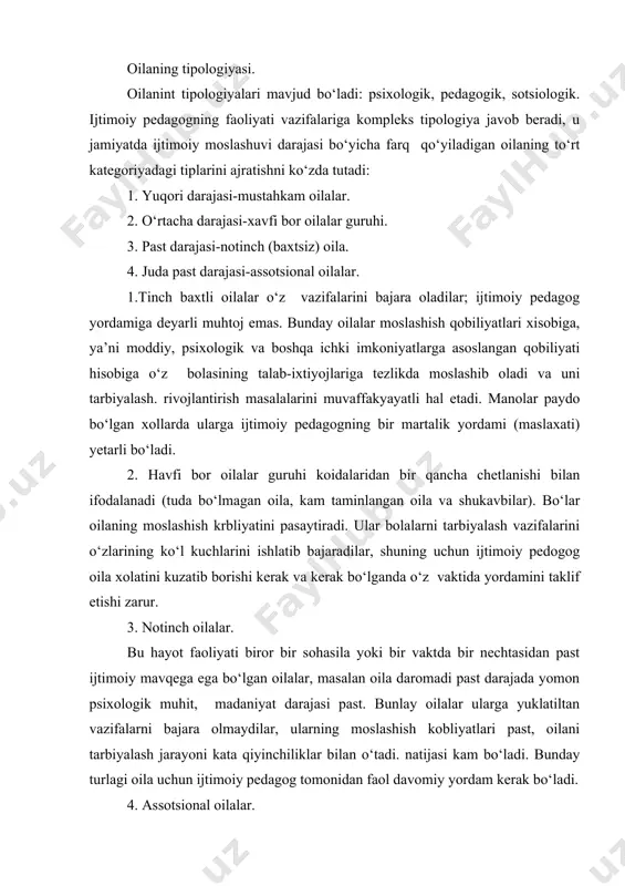n ijtimoiy pedagog tomonidan faol davomiy yordam kerak bo‘ladi. 4. assotsional oilalar. ota-onalar xulki yomon, qonunga xilof ravishda xlyot kechirayotgan oilalar va bu oilalarda yashash-turmush sharoitlarn eng oddiy sanitar gigiyenix talablarga javob bermaydi. bunday oilalarda odatda bolalar tarbiyaoi bilan xech kim shug‘ulanmaydi, bolalar qarovsiz koladilar, yarim och bo‘lib rivojlanishda ortda koladilar, ota-onalar, boshqalar tomonidan ham jabrlanadilar, ijtimoiy pedagoglarning bunday oilalar bilan ishlashlari, huquqni himoya qilish organlari bilan birgalikda hamda vasiylik qilish organlari bilan hamkorlikda olib borilishi kerak. oilaga ijtimoiy-pedagogik yordam shakllari. chet el amaliyotida maqsadlarita uzoq vaktli va xorijiy vakilli ishlar shakllardan foydalanib ijtimoiy pedagogik yordam ko‘rsatish, boy tajribalar to‘planganqkiska vaktli shakllari orasida olimlar krizisintervent va muoammoli-yo‘naltirilgan modelni o‘zaro aloqalarini ko‘rsatadilar. krizisintervent modeli oila bilan ishlashda bevosita krizisli va ziyatlarda yordam ko‘rsatishning ko‘zda tutadi. bunda vaziyatlar oilaning kundalik hayoti davomida yuzaga kelishi mumkin yoki tasodifiy zarar yetkazuvchi xolat bo‘lishi mumkin. bunday noqulay davrlar bolaning yoshi krizisi bilan bog‘liq. bunda oilada …