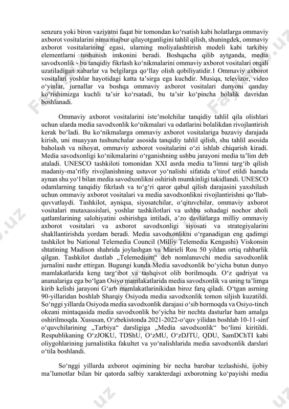 ovushning grafik ifodasi. eng qadimgi iyerogliflar. qadimgi hind ma’rifatparvarligi. inson ongi, bilimi va madaniyatiga qaratilgan ta’lim-tarbiya. tabiat, jamiyatva inson to’g’risidagi turli bilimlar. sanskrit yozuvi, jaynizm diniga oid adabiy tili. yurtimizdagi qoyatosh tasviri va yozuv. zarautsoy, teraklisoy, bironsoy, ko’ksaroy, takatosh va sarmishsoy. inson evolutsiyasida til va nutq. ilamni teologik va mifologik anglashda media savodxonlik va axborot madaniyatining o’rni. ko'hna sharqda xat (maktub) ilk axborot almashuv shakli. xabar, ma’lumotbitim va shartnomalar. media savodxonlik - odamlarga turli media shakllarini va xabarlarni tahlil qilish, baholash va yaratishga imkon beradigan koʻnikmalar toʻplami hisoblanadi. media savodxonlik isteʼmolchilarga axborot va ommaviy dasturlarda tashviqot, senzura yoki biron vaziyatni faqat bir tomondan koʻrsatish kabi holatlarga ommaviy axborot vositalarini nima majbur qilayotganligini tahlil qilish, shuningdek, ommaviy axborot vositalarining egasi, ularning moliyalashtirish modeli kabi tarkibiy elementlarni tushunish imkonini beradi. boshqacha qilib aytganda, media savodxonlik - bu tanqidiy fikrlash koʻnikmalarini ommaviy axborot vositalari orqali uzatiladigan xabarlar va belgilarga qoʻllay olish qobiliyatidir.1 ommaviy …