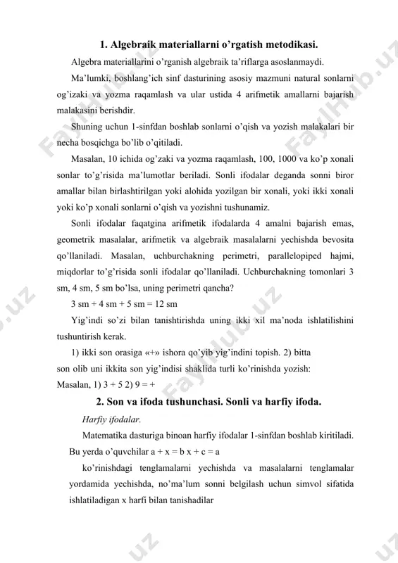 yozishni tushunamiz. sonli ifodalar faqatgina arifmetik ifodalarda 4 amalni bajarish emas, geometrik masalalar, arifmetik va algebraik masalalarni yechishda bevosita qo’llaniladi. masalan, uchburchakning perimetri, parallelopiped hajmi, miqdorlar to’g’risida sonli ifodalar qo’llaniladi. uchburchakning tomonlari 3 sm, 4 sm, 5 sm bo’lsa, uning perimetri qancha? 3 sm + 4 sm + 5 sm = 12 sm yig’indi so’zi bilan tanishtirishda uning ikki xil ma’noda ishlatilishini tushuntirish kerak. 1) ikki son orasiga «+» ishora qo’yib yig’indini topish. 2) bitta son olib uni ikkita son yig’indisi shaklida turli ko’rinishda yozish: masalan, 1) 3 + 5 2) 9 = + 2. son va ifoda tushunchasi. sonli va harfiy ifoda. harfiy ifodalar. matematika dasturiga binoan harfiy ifodalar 1-sinfdan boshlab kiritiladi. bu yerda o’quvchilar a + x = b x + c = a ko’rinishdagi tenglamalarni yechishda va masalalarni tenglamalar yordamida yechishda, no’ma’lum sonni belgilash uchun simvol sifatida ishlatiladigan x harfi bilan tanishadilar 2-sinfda x harf o’zgaruvchini belgilaydigan …