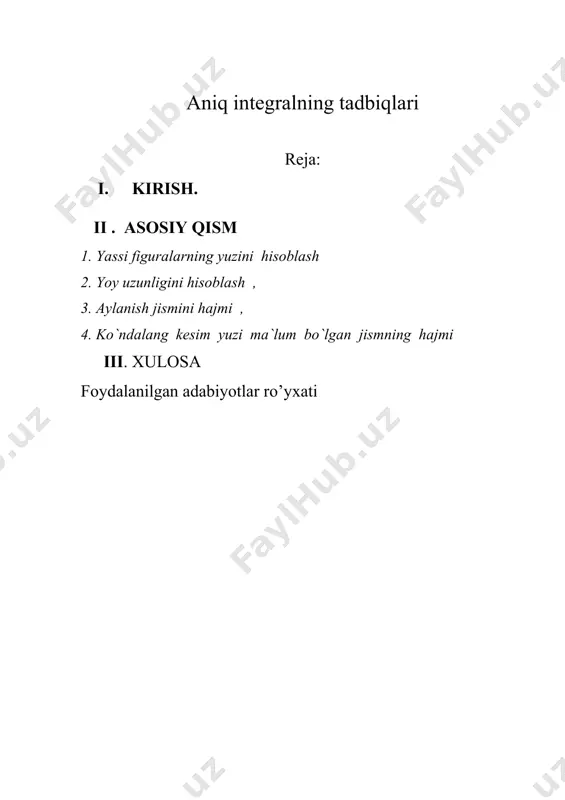yuqori boʻlgan pedagog kadrlarni tayyorlashga yoʻnaltirishni taqozo etadi. ta’limni isloh qilish, yangi mazmundagi va zamon talabiga javob beradigan oʻquv adabiyotlar, qoʻllanmalarni yaratish va ilgʻor pedagogik texnologiyalarni joriy etishni taqozo etadi. ta’lim tizimidagi kamchiliklar, shu jumladan, matematika fanida ham oʻqitish uslubiyotini chetlab oʻtmaydi. har bitta fanga alohida e’tibor berish, har bir mavzuni o`qitishda ma’suliyatli bo`lish o`qituvchining eng oliy maqsadi hisoblanadi. bizga ma’lumki matematika fani juda qiziqarli va shu bilan birga murakkab fan bo`lib ham hisoblanadi. ma’lumki matematik analizda nima uchun kerak, nima maqsadlarda foydalaniladi, sonli qator yig‘indisi tushunchasi, ikki karrali qator, uzoqlashuvchi qatorlarni jamlash uning yechimlari qanday topiladi, kabi masalalar qaraladi. ushbu fikrlar tanlangan mavzuning qanchalik darajada dolzarb ekanligini koʻrsatadi. aniq integralni yassi figuralarning yuzini hisoblash, yoy uzunligini hisoblash ,aylanish jismini hajmi , ko`ndalang kesim yuzi ma`lum bo`lgan jismning hajmi o’rganish muhim ahamiyat kasb etadi. ishning maqsad va vazifalari: aniq integralni yassi figuralarning yuzini hisoblash, yoy uzunligini hisoblash ,aylanish jismini hajmi …