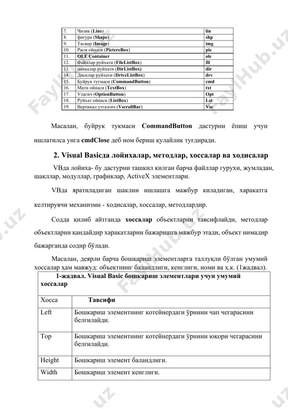 move дастур суровига жавоб сифатида объкетни кучиради. drog “силжитиш ва куйиб юбориш” амалини кайта ишлайди. setfocus чакирилаётган объектга фокусни узатади. zorder экранда бир нечта объектларнинг жойлашиш тартибини аниклайди. windows дастури таъминотнинг катта қисмининг иши асосан файдаланувчи харакатларига жавоб тарзида булади. масалан, матн процессорида фойдаланивчи клавишни босса, ҳодиса (клавишни босиш) хужжатда белги пойда килади. жавоб келтириб чикаради (хужжат янгиланади). vb да дастур тузишда бу каби харакатларга жавоблар жуда мухим рол уйнайди. дастур яратиш жараёнида фойдаланивчи маълум бир ходисага нисбатида жавоб сифатида бажариладиган кўрсатмалар (йўриқнома) ёзади. масалан, сичкончанинг босилиши ходисага мисол булади. агар шаклга буйрук тугмасини жойлаштириб унда сичконча тугмасини икки марта босилса, натижада vb код мухаррирининг маълум кетма-кетликда ёзилган ушбу матнини очади. private sub command_click end sub бу матн сатрлар орасига код киритиш мумкин булиб, у сичконча тугмасини босганигизда бажарилади. ходиса-дастур ичида ва унинг доирасида юз беради. мисол фойдаланивчи сичконча тугмасини ишлатишда бир неча ходисалар юз беради, тугмани босади, босиб-куйиб юбаради. …