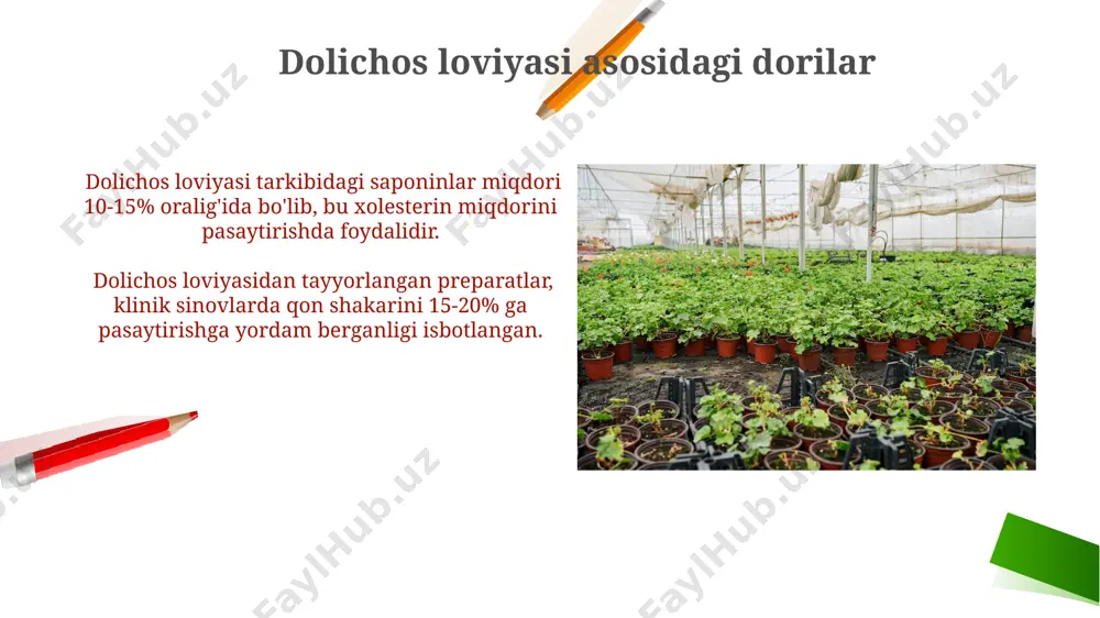 rni jalb qilish yoki 2-3%li insektitsid eritmalari samarali hisoblanadi. zararkunandalar va kasalliklarga chidamli dolichos loviyasi navlarini ekish, hosildorlikni 15-20% ga oshirish va kimyoviy vositalar ishlatish ehtiyojini kamaytirishga yordam beradi. zamonaviy tadqiqotlar va istiqbollar dolichos loviyasidan olingan bioaktiv birikmalarni ajratib olish va ularning antioksidant, yallig'lanishga qarshi va antibakterial xususiyatlarini aniqlash bo'yicha 20 dan ortiq ilmiy maqola chop etilgan. zamonaviy tadqiqotlar dolichos loviyasining 15 dan ortiq turini aniqlash va ularning genetik xususiyatlarini o'rganishga qaratilgan bo'lib, bu kelajakda yuqori hosildor va kasallikka chidamli navlarni yaratish imkonini beradi. e'tiboringiz uchun rahmat @taqdimot_robot image2.png image1.png image5.jpg image6.jpg image7.jpg image8.jpg image9.jpg image10.jpg image11.jpg image12.jpg image13.jpg image14.jpg image15.jpg image16.jpg image17.jpg image18.jpg image19.jpg image20.jpg image21.jpg