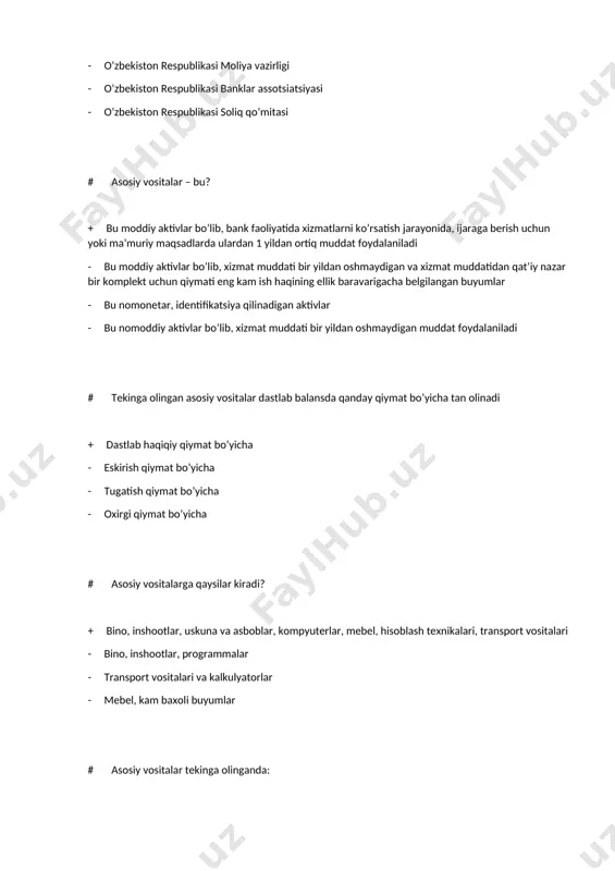 oldiq, oborot, oxirgi qoldiq - debet, kredit - sintetik hisobvaraqlar, analitik hisobvaraqlar - bosh qoldiq, oxirgi qoldiq # bank buxgalteriya balansida qanday tenglik o’rinli bo’ladi (mhxs-1)? + aktiv = majburiyatlar + kapital - aktiv = kapital - aktiv + asosiy vositalar = majburiyatlar + kapital - aktiv = majburiyatlar # quyidagilardan qaysi biri aktivlar tarkibiga kiritilmaydi? + bankdagi qabul qilingan depozitlar - binolar va nou-xau - debitorlik qarzlari va pul mablag’lari - investitsiyalar. # ikki yoqlama yozuv bu – + xo’jalik operatsiyalarining bir vaqtning o’zida bir hisobvaraqning debetida ikkinchi hisobvaraqning kreditida yoki aksincha aks ettirilishi; - bir hisobvaraqning debetida mablag’larining kamayishi; - bir hisobvaraqning kreditida mablag’larining kamayishi; - balansning aktiv yoki passiv qismi # xususiy kapital qatoriga kiruvchi mablag’lar: + ustav kapitali, zaxira kapitali, qo’shilgan kapital, taqsimlanmagan foyda (qoplanmagan zarar) - kapitali, qo’shilgan kapital; - ustav kapitali, taqsimlanmagan foyda, qoplanmagan zarar; - ustav kapitali, taqsimlanmagan foyda; # likvidlili past bo’lgan …
