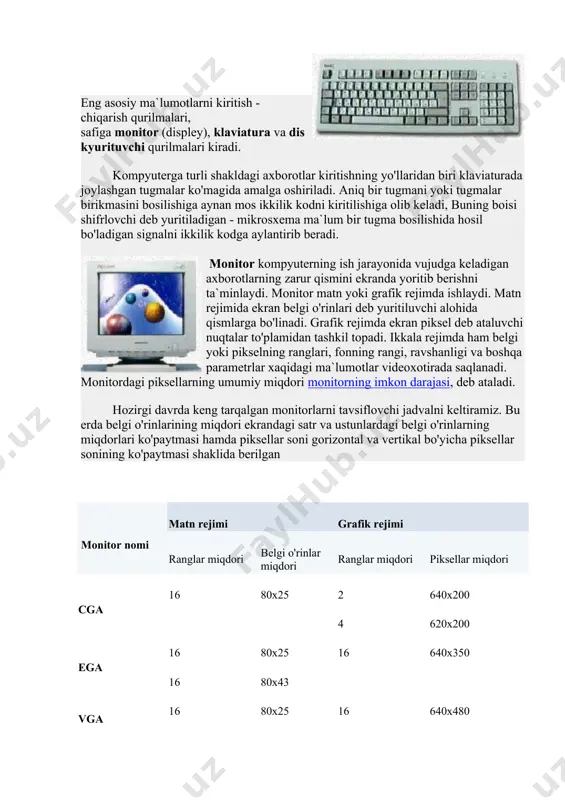 kristalda (kremniy yoki germaniy) joylashgan millionlab mitti tranzistorlardan tashkil topadi. misol sifatida ko'radigan bo'lsak, intel pentium pro mikroprotsessori o'z ichida 5,5 milliondan ortiq tranzistorlarni saqlaydi. protsessorning ish unumdorligi uning tezligi (taktli chastota) va razryadlar soni bilan belgilanadi tezlik protsessorni 1 sekundda bajargan amallar miqdori bilan belgilanadi va gs bilan ifodalanadi. masalan, i8086 protsessori 10 mgs (sekundiga 10 million amal) tezlikka ega bo'lsa pentium protsessori uchun bu ko'rsatkich 850 mgsga teng. protsessorning razryadlari soni uning bir vaqtning o'zida baravariga ishlash mumkin bo'lgan bitlar miqdori bilan aniqlanadi. hozirgi kunda 8, 16, 32, 64, 128 razryadli prssessorlar keng qo'llanmoqda. protsessorning tezligini oshirish uchun hozirgi vaqtda kesh-xotira, turli matematik hamprotsessorlar kabi vositalardan foydalanish yo'lga qo'yilgan. komppyuter qurilmalari orasidagi axborot almashinuvi sistema magistrali - shinalar (elektr simlarining bog'lamlari) ko'magida amalga oshiriladi. shinadagi simlar kompyuterning hamma qurilmalariga parallel holda ulanadi. kompyuter ishi uchun uch xil shina xizmat ko'rsatadi: berilganlar (berilgan malumotlar) shinasi, adreslar shinasi, boshqarish shinasi. …