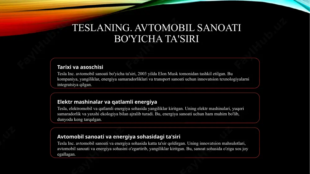 ktr transport vositalarini targ'ib qilish imkoniyatlari iqlim o'zgarishi, energiya bo'yicha tashvishlarga asoslangan tejash dasturlari va chiqindilar uchun ko'tarilgan standartlar yo'q qilish (kissinger, 2016) tesla kompaniyasi avtomobillari va ularning xususiyatlari tesla avtomobillari, yangi texnologiyalarga asoslangan, yuqori tezlik va tozalikni ta'minlovchi elektr transport vositalari hisoblanadi. ular, avto sanoatga o'ziga xos ta'sir ko'rsatayapti. tesla kompaniyasi energiya texnologiyalari va ularning ahamiyati tarixiy asoslar texnologiyalardagi rivojlanish sustainabilitiy va energiya texnologiyalari tesla kompaniyasining tashqi yoki ichki faoliyati bo'yicha qanday o'zgarishlar sodir bo'ldi? tesla avtomobillarida qo'llangan eng so'nggi energiya texnologiyalari nima? tesla kompaniyasi qanday qulay va ekologik energiya texnologiyalarini qo'llaydi? tesla kompaniyasi innovatsiyalari va yangiliklari tesla inc. tarixi tesla inc. 2003-yilinda elon musk tomonidan tashkil etilgan va eng avangard innovatsiyalari bilan mashhur bo'lgan kompaniya. elektr to'lovli transport tesla inc. elektr to'lovli transport vositalarini ishlab chiqarishda o'ziga xos texnologiyalardan foydalanadi va sanoatni yanada yanada zamonaviy qilishga intiladi. energetika sohasidagi o'zgarishlar tesla inc. energiya sohasida o'z innovatsiyalarini amalga oshirib …