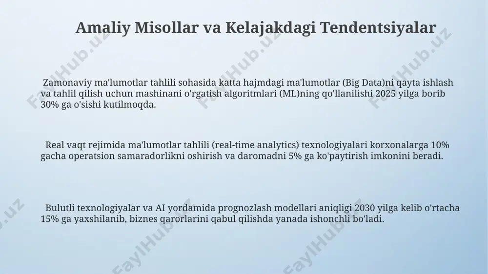 ili usullari mashinani o‘rgatish (machine learning) algoritmlari, jumladan, chuqur o‘rganish (deep learning) modellaridan foydalanib, 90% dan yuqori aniqlikda prognozlar yaratish va murakkab munosabatlarni aniqlash mumkin. zamonaviy ma'lumotlar tahlili usullarida katta hajmdagi ma'lumotlar (big data)ni qayta ishlash uchun 100 dan ortiq turli algoritmlar va parallel hisoblash texnologiyalari qo‘llaniladi, bu esa tahlil tezligini sezilarli darajada oshiradi. zamonaviy ma'lumotlar vizualizatsiyasi vositalari, masalan, tableau yoki power bi, foydalanuvchilarga 3d grafikalar va interaktiv dashboardlar orqali tahlil natijalarini 5 barobar samaraliroq taqdim etish imkonini beradi. e'tiboringiz uchun rahmat @taqdimot_robot image4.png image3.jpeg