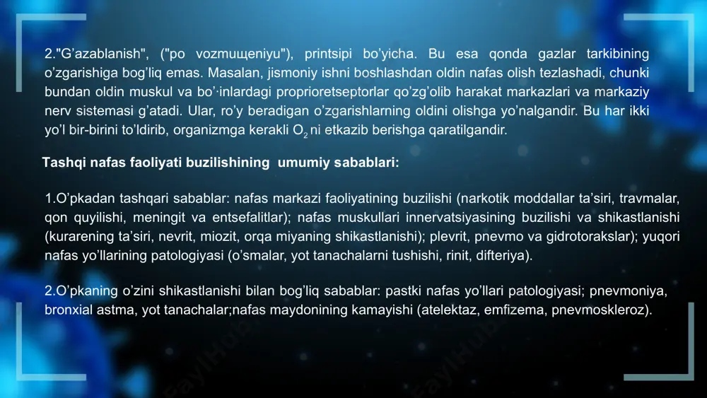, organizmning zaiflashishi, chеkish, sovqotish, zarali bug‘lar, gazlar, kimyoviy moddalar, xronik pnеvmaniya, urеmiya, qonning yaxshi aylanmasligi. xronik bronxitlarda zo‘rayib borayotgan tarqoq yallig‘lanish kuzatiladi, ba'zi struktura o‘zgarishlar boshlanishi ham mumkin: bronxlarning yupqa tortib qolishi, bronx yo‘lining kеngayib kеtishi shular jumlasidandir. bronxial astma bronxial astma — surunkali, yuqumsiz, yallig’lanish tabiatli havo yo’llari kasalligidir. nafas olish organlarida surunkali yallig’lanish jarayonlari ularning giperfaolligiga olib keladi, natijada allergen yoki qo’zg’atuvchi ta’sirga uchraganda bronxial obstruktsiya (qisilish) rivojlanadi, bu havo oqimi tezligini kamaytiradi va bo’g’ilishga olib keladi. bronxial astma xuruji odatda qo’zg’atuvchi ta’siridan keyin rivojlanadi va qisqa o’tkir nafas olish va shovqinli uzaygan nafas chiqarish bilan xarakterlanadi. odatda yopishqoq balg’amli va shovqinli yo’tal alomatlari bilan birga keladi. bronxial astma o’pka va yurakning emfizemasiga, astma holatining paydo bo’lishiga olib kelishi mumkin. bronxial astma etiologiyasi astmani rivojlantiruvchi eng xavfli omillarga ekzogen allergenler hisoblanadi. laboratoriya sinovlari astmatik bemorlarda va xavf guruhidagi insonlarda allergenlarga sezuvchanlik yuqori darajada ekanligini tasdiqlaydi. infektsion omillar …