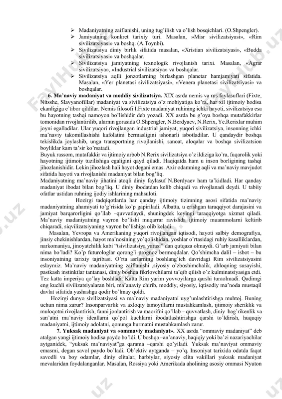 daniyati, mehnat madaniyati, jismoniy madanyat, ovqatlanish madaniyati. madaniyatning ana shu jihatlari asosida inson va jamiyatning ma’naviy, ijtimoiy –siyosiy va boshqa rivojlanish darajasini aniq baholash mumkin. madaniyatning funktsiyalari. madaniyat jamiyatda qator muhim funktsiyalarni bajaradi, shunga ko’ra aqlli mavjudotlar birlashmasi sifatida yashab va progressiv rivojlanadi. quyidagi funktsiyalari muhim ahamiyatga ega. inson ruhining har xil ijodiy yutuqlarida ob’ektiv voqelikni aks ettirish. madaniyat inson dunyosini o’zlashtirishning alohida uslubi bo’lib, unda uning har xil shakllari (din, falsafa, fan, huquq, san’at va boshqalar) insoniyat tajribalarini tizimlashtirish va dunyoni tushunishning (ratsional, sezgi, irratsional, an’anaviy) vositalari hisoblanadi. ilmiy bilimlar, g’oyaviy va siyosiy farmoyishlar, yuridik qonunlar, ijtimoiy tarz va diniy an’analar, axloq me’yorlari yordamida odamlar hayotini tashkil qilish va tartibga solish. har xil jamiyatlarda ko’rsatilgan regulyatorlardan biri katta, boshqasi kichik ta’sirga ega. ular amal qilmaydigan jamiyat yo’q. yangi avlodlarni ijtimoiylashtirish va to’plangan tarixiy tajribalarni etkazish. boshqacha aytganda, madaniyat insoniyat barcha yutuqlarining to’plangan saqlanadigan joyi. u yangi avlodlarni ajdodlar yutuqlari …