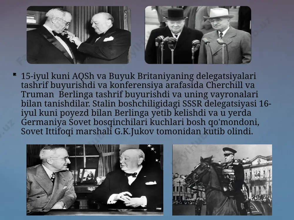 qolgan nemis aholisini polsha va germaniya nazoratidagi hududlardan chexoslovakiya va vengriyadan ko'chirish. “birlashgan millatlar”degan tushuncha birinchi marta aqsh prezidenti franklin ruzvelt taklifiga ko`ra, 1942-yil 1-yanvarda birlashgan millatlar deklaratsiyasida qo`llanildi.bunga asosiy sabab, 26 mamlakatning o`z hukumatlari nomidan ikkinchi jahon urushining boshlanishiga sababchi bo`lgan davlatlarga qarshi birlashishga qaror qilinishi bo`ldi. bu tushuncha keyinchalik birlashgan millatlar tashkiloti (bmt)da o`zining to`la va aniq ifodasini topdi. 2.bmtning tashkil topishi 1945-yil 25-apreldan 26-iyungacha aqshning san-fransisko shahrida 50ta davlat vakillari ishtirokida birlashgan millatlarning konferensiyasi bo`lib o`tadi.bu konferensiyada xalqaro tashkilot tuzish haqida qaror qabul qilinadi va bmtning nizomi tasdiqlanadi.xitoy, sobiq sssr, angliya va aqsh (1944-yil avgust oyida) davlatlari vakillari tomonidan qabul qilingan loyiha mazkur nizomga asos qilib olindi. 1945-yil 26-iyunida bmtning nizomi 50ta mamlakat vakillari tomonidan tasdiqlanadi. keyinchalik, polsha davlatining bu nizomni tasdiqlashi munosabati bilan 51 ta davlat birlashgan millatlar tashkilotining ta’sischilari bo`ldilar. 1945-yil 24-oktyabrida ta’sis etgan ko`pchilik davlatlar tomonidan ratifikatsiya qilingan kundan boshlab yuridik kuchga ega bo`ldi, …